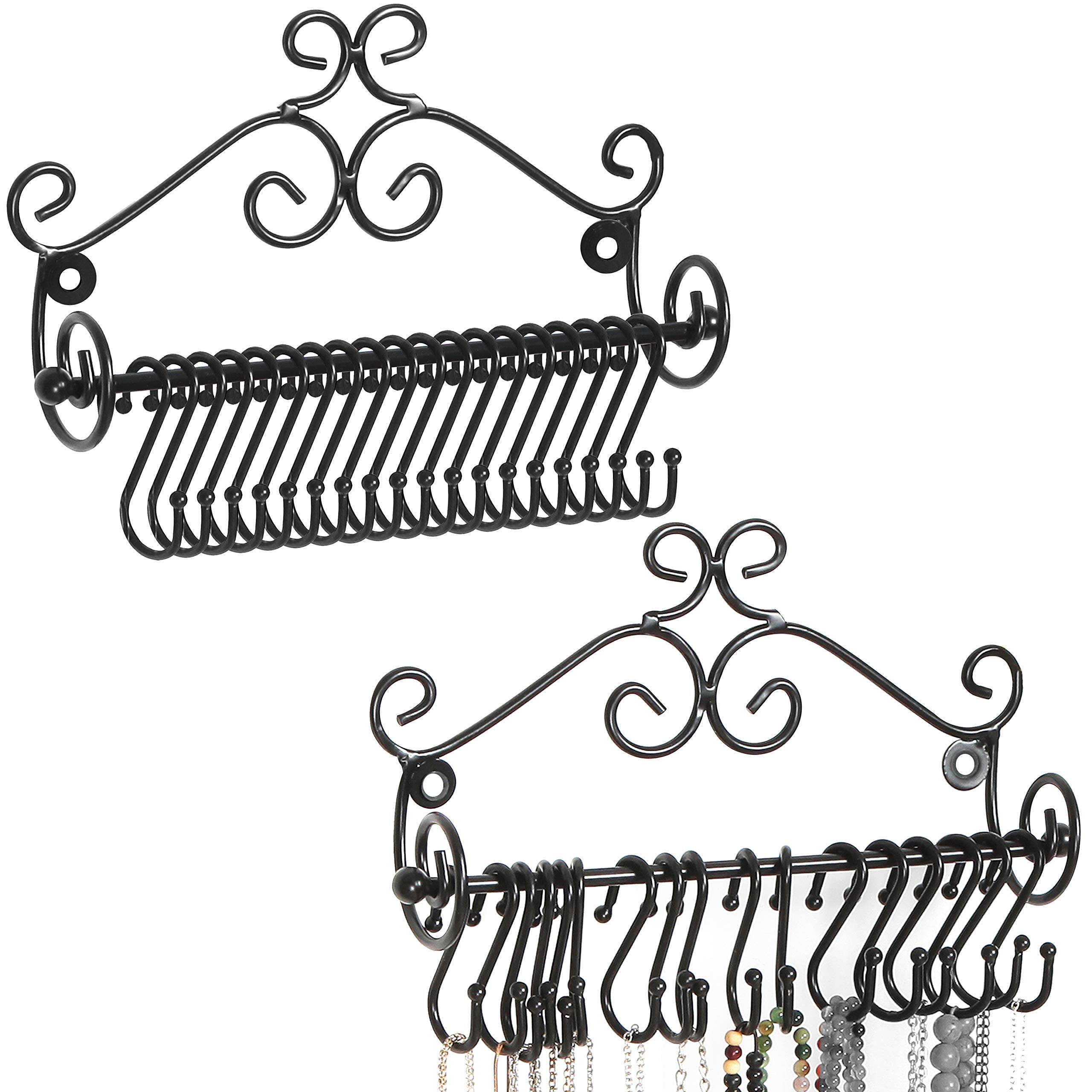 MyGift Set of 2 Jewelry Organizer - Wall Mounted Black Metal Scrollwork Design Necklace Holder Jewelry Display Storage Rack with