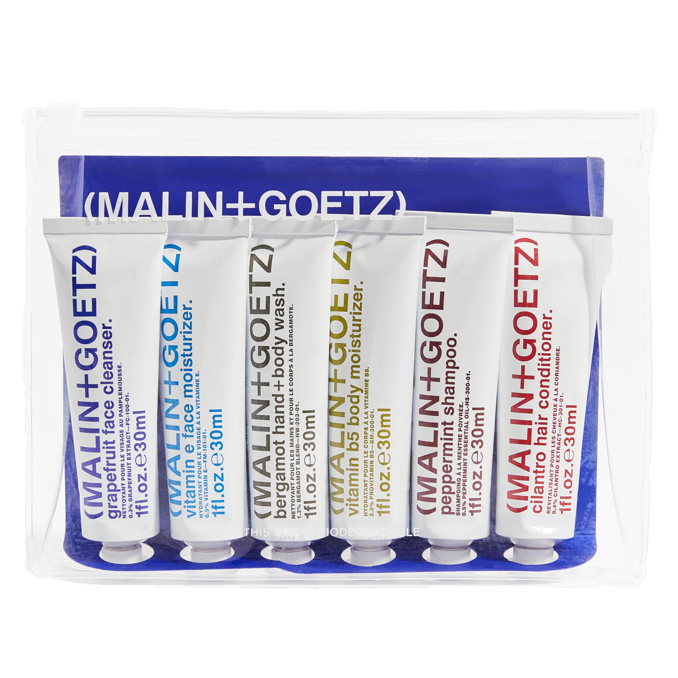 'Malin + Goetz Essential Starter Kit, 1 Fl. Oz. - Hair Shampoo & Conditioner, Facial Cleanser & Moisturizer, Hand & Body Wash, 
