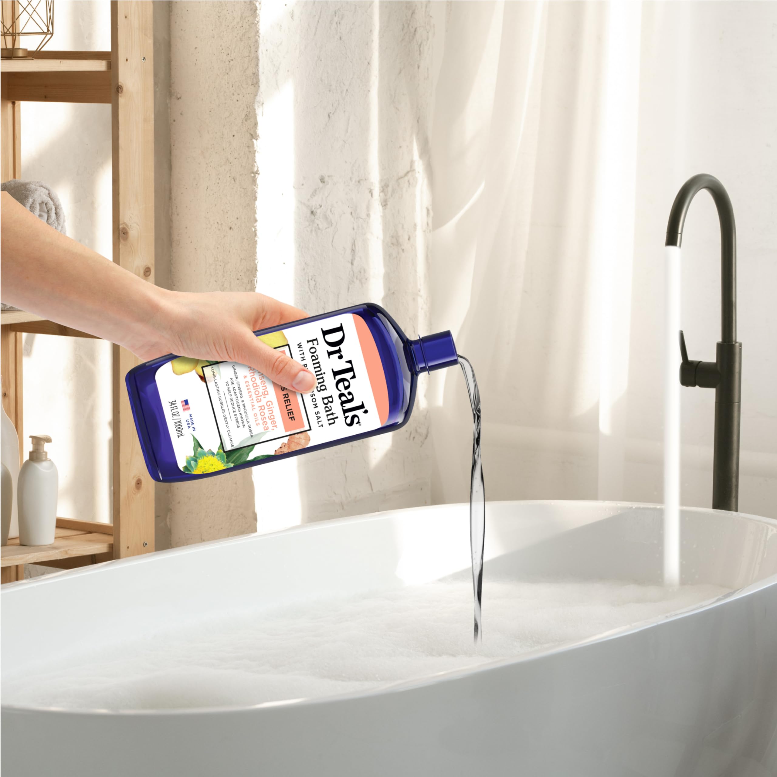 Dr Teal's Foaming Bath with Pure Epsom Salt, Stress Relief, 34 fl oz (Pack of 4), Clear