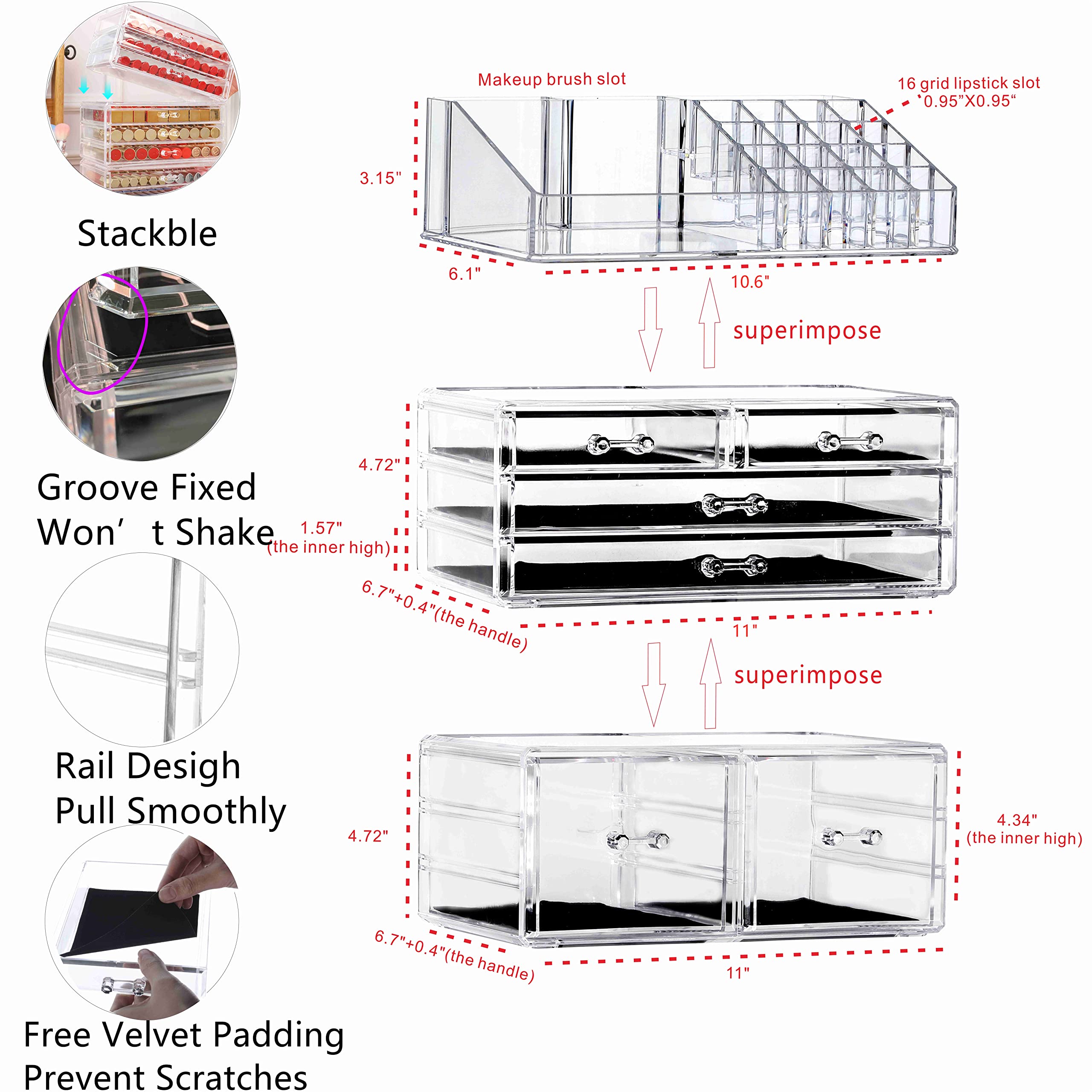 Cq acrylic Clear Makeup Storage Organizer Drawers Skin Care Large Cosmetic Display Cases Stackable Storage Box With 6 Drawers Fo
