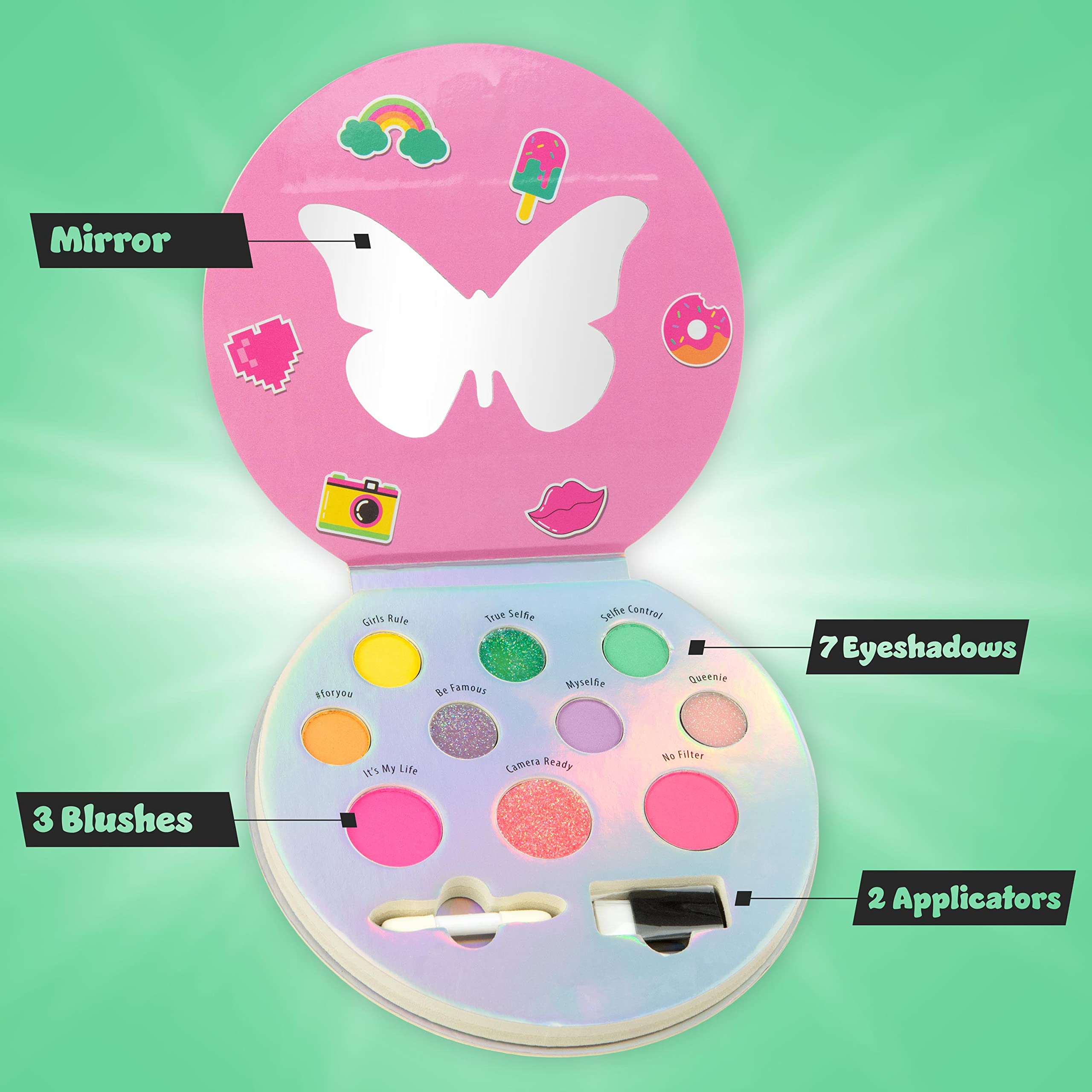 Expressions Selfie Queen Glisten & Glitter Makeup Palette 10 Color Eyeshadow Palette & Blush Makeup Novelty Beauty Set, Fold Out