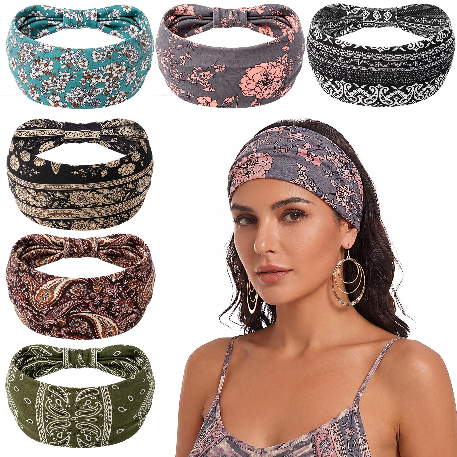 6Pack Boho African Bandana Headband, Wide Nurse Headbands