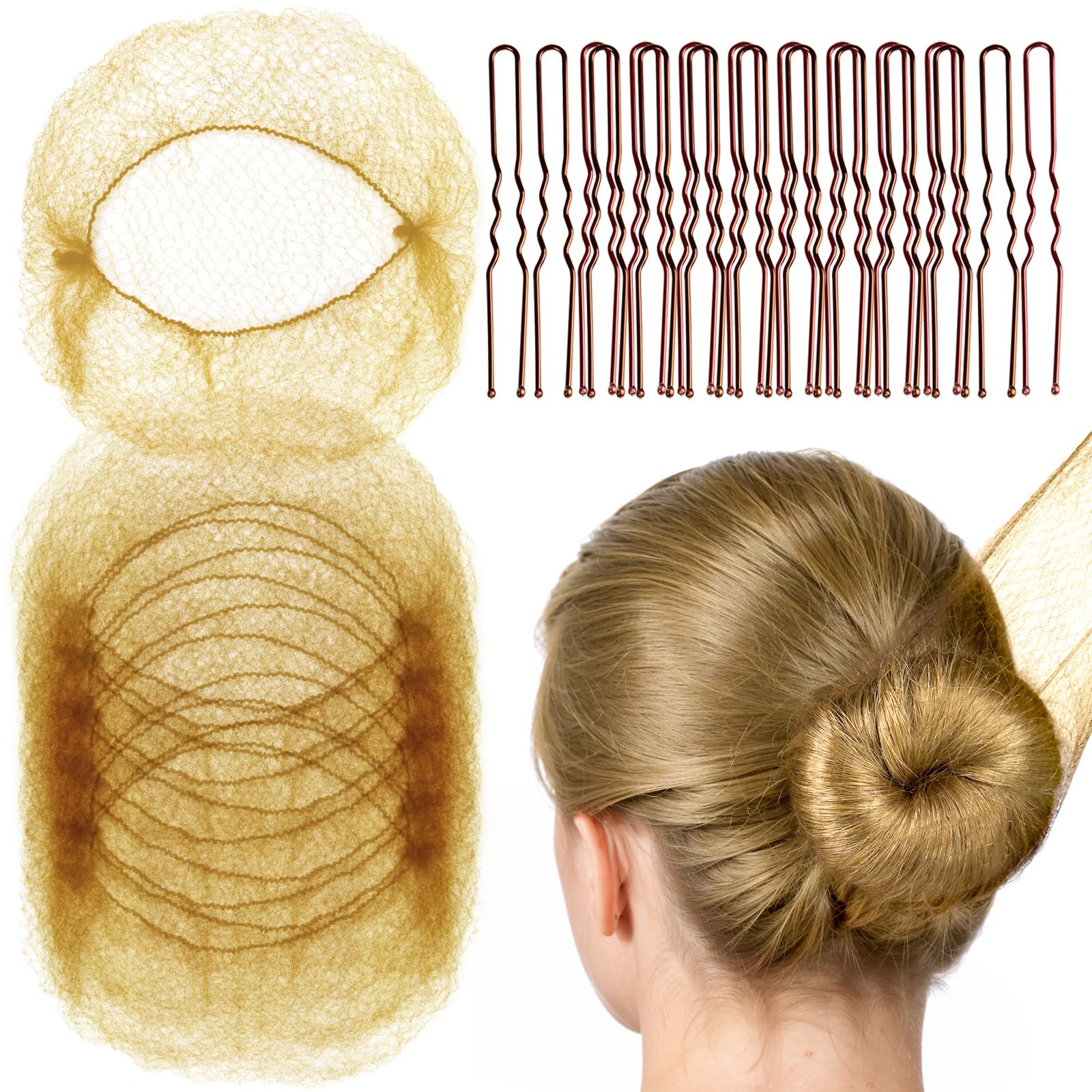 Fandamei 20PCS Hair Nets for Buns Invisible and 40PCS U Shaped Hair Pins Set, 20PCS 50cm Bun Nets for Ballet Girls and 40pcs Hai