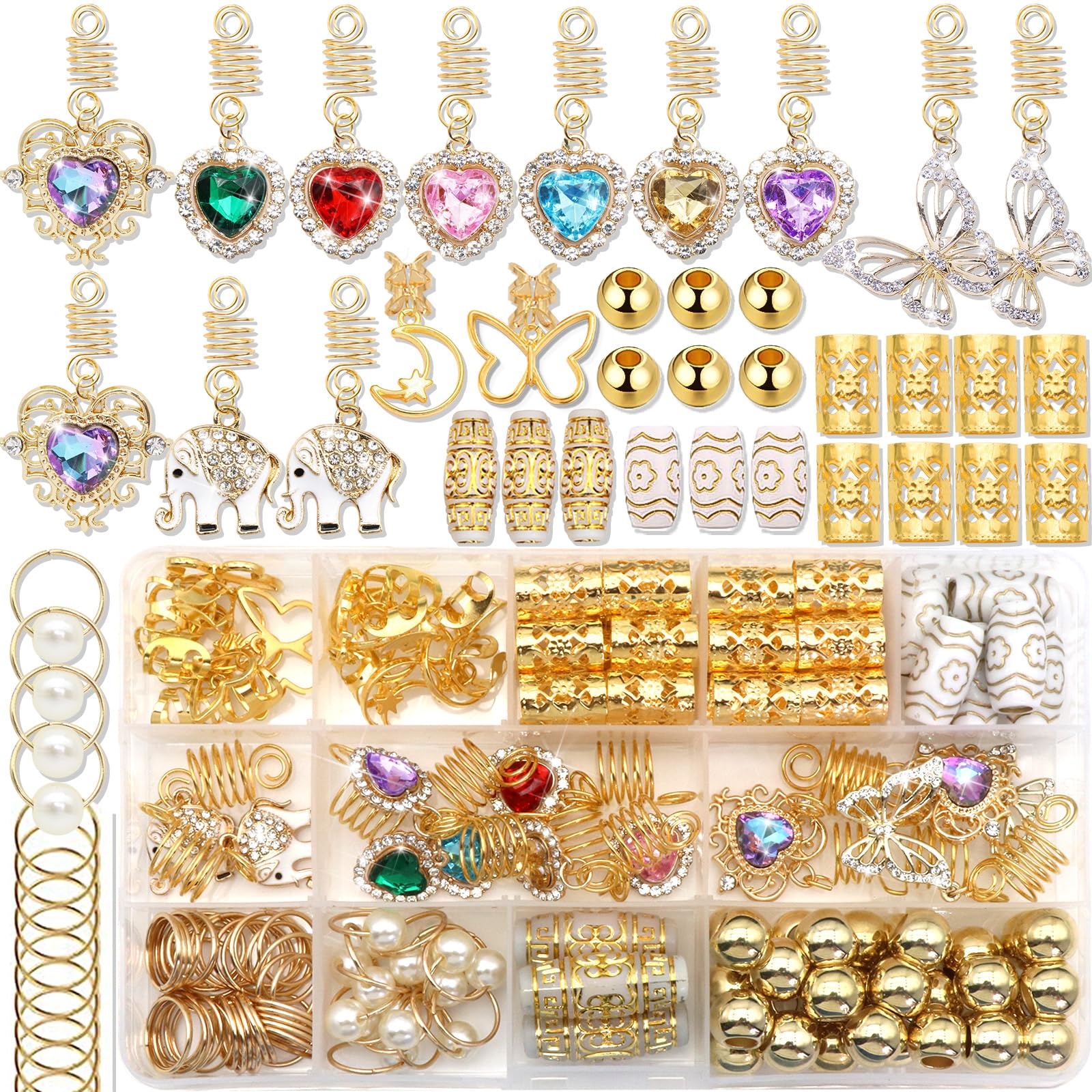 NAISKA 140Pcs Gold Hair Jewelry for Braids Rhinestone Dreadlocks Accessories Butterfly Braid Clips Crystal Hair Pendant Gold Hai