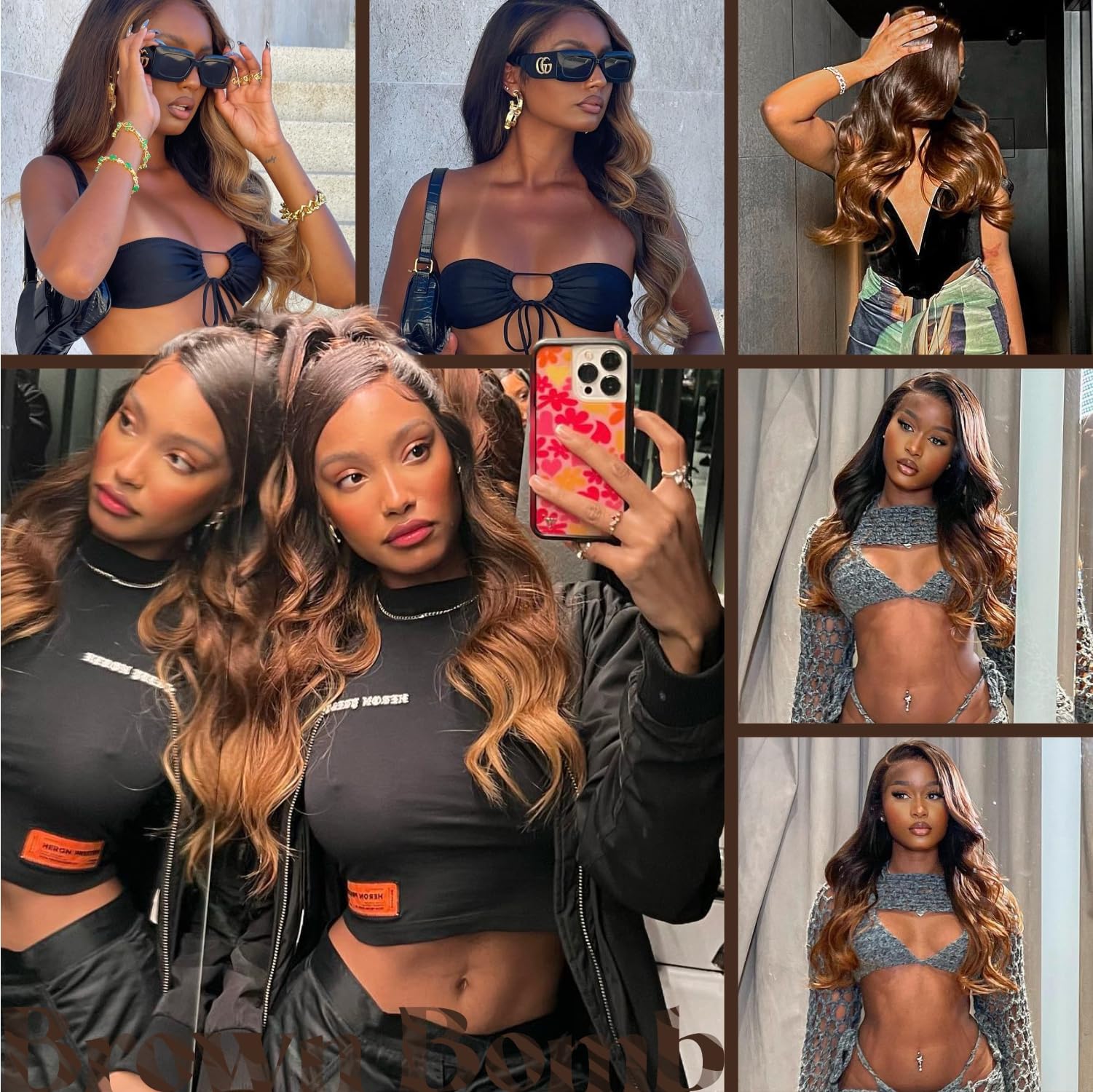 BrownBomb Ombre Lace Front Wig Pre Plucked, Highlight Lace Front Wig Body Wave, Glueless Synthetic Lace Front Wigs, Brown and Bl