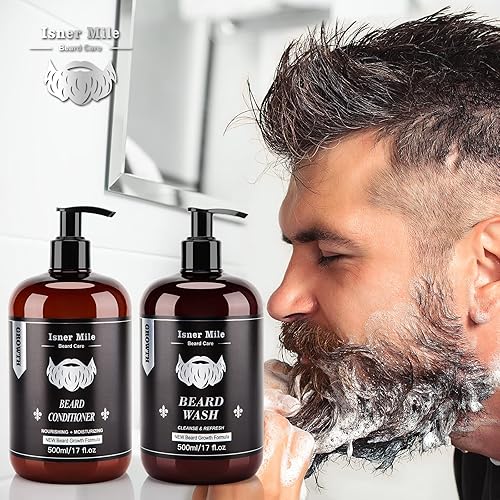 Beard Wash And Conditioner Set (Large 17 Oz Each), New Beard Growth Formula With Biotin Argan & Jojoba Oils, Smooth Soften Stren
