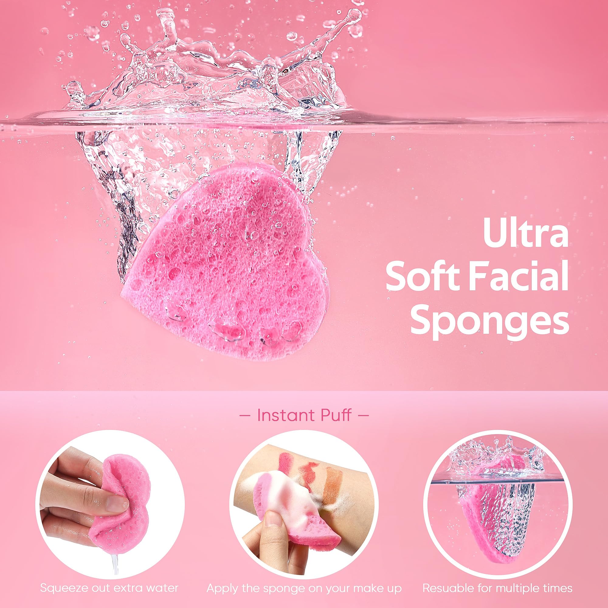 Gainwell 50-Count Heart Shape Compressed Facial Sponges For Daily Facial Cleansing And Exfoliating, 100% Natural Cosmetic Spa Sp