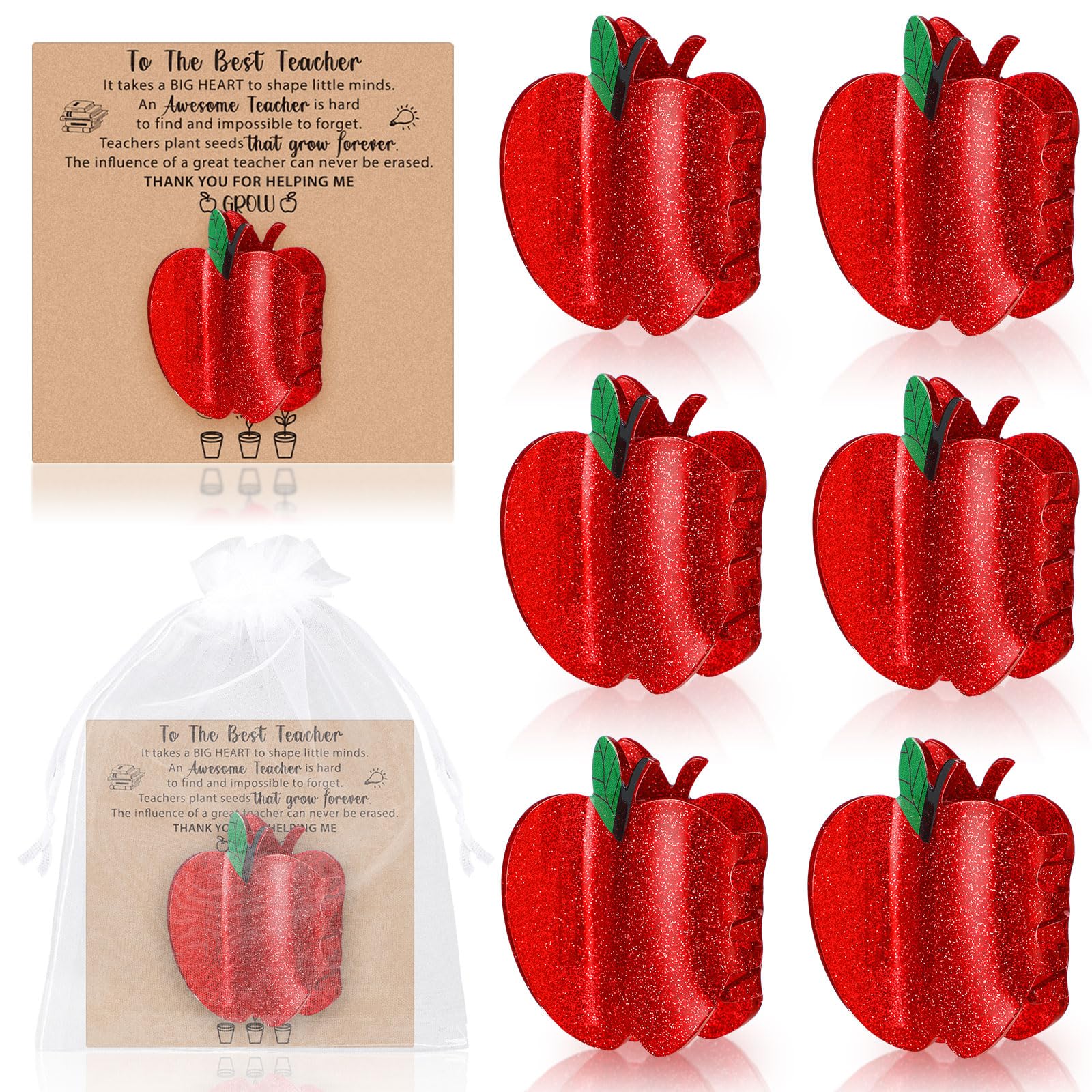 6 Pcs Red Apple Hair Clips Teacher Appreciation Gifts with Thank You Cards Cute Teacher Hair Claw Clips Barrettes for Thick and 