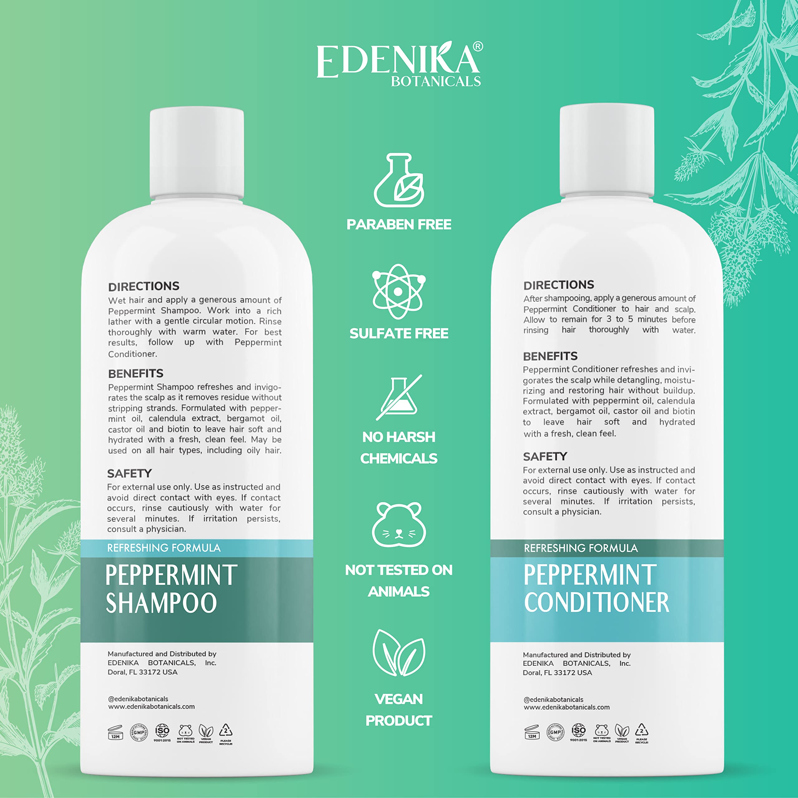 Edenika Botanicals Peppermint Shampoo and Peppermint Conditioner - Shampoo for oily Scalp and Split Ends - Peppermint Oil Mint S