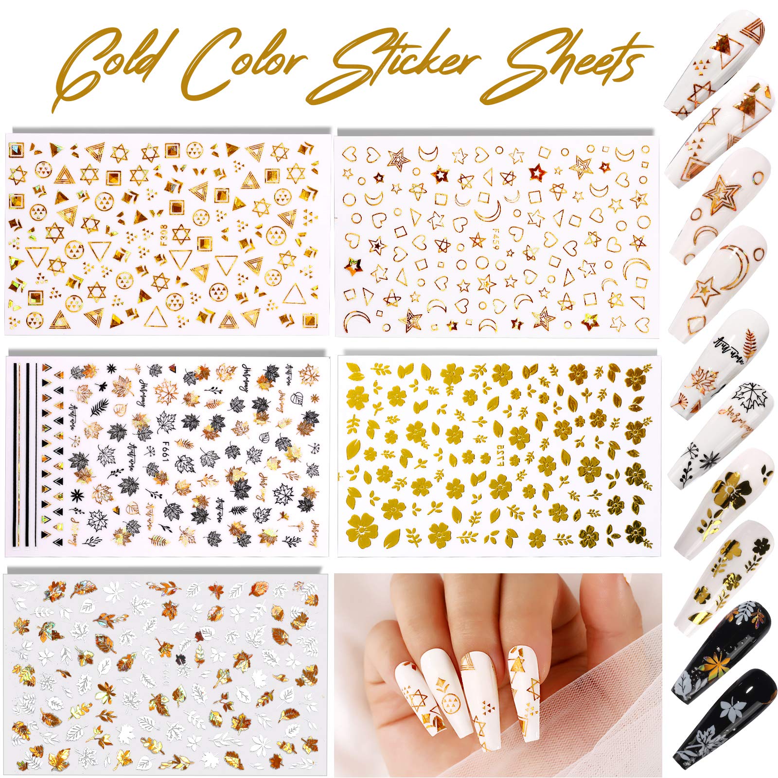 12 Sheets Nail Art Sticker 3D Self-Adhesive, Teenitor Nail Art Decoration with 5 Boxes Holographic Nail Art Glitter Flakes Butte