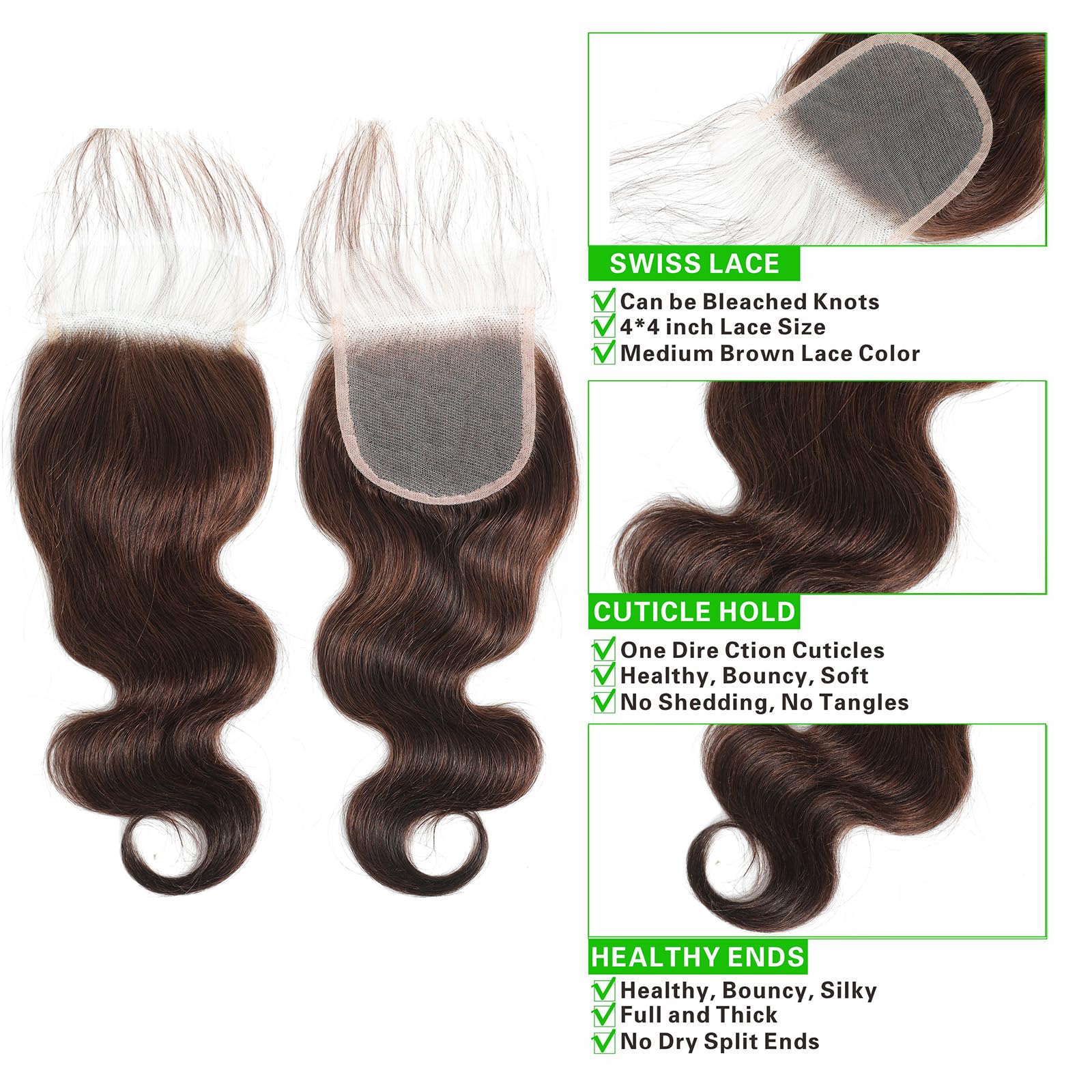 Kapelli Hair Brazilian Body Wave Bundles With Closure (12 14 16+12) 10A Light Brown Body Wave Human Hair Bundles With Lace Closu