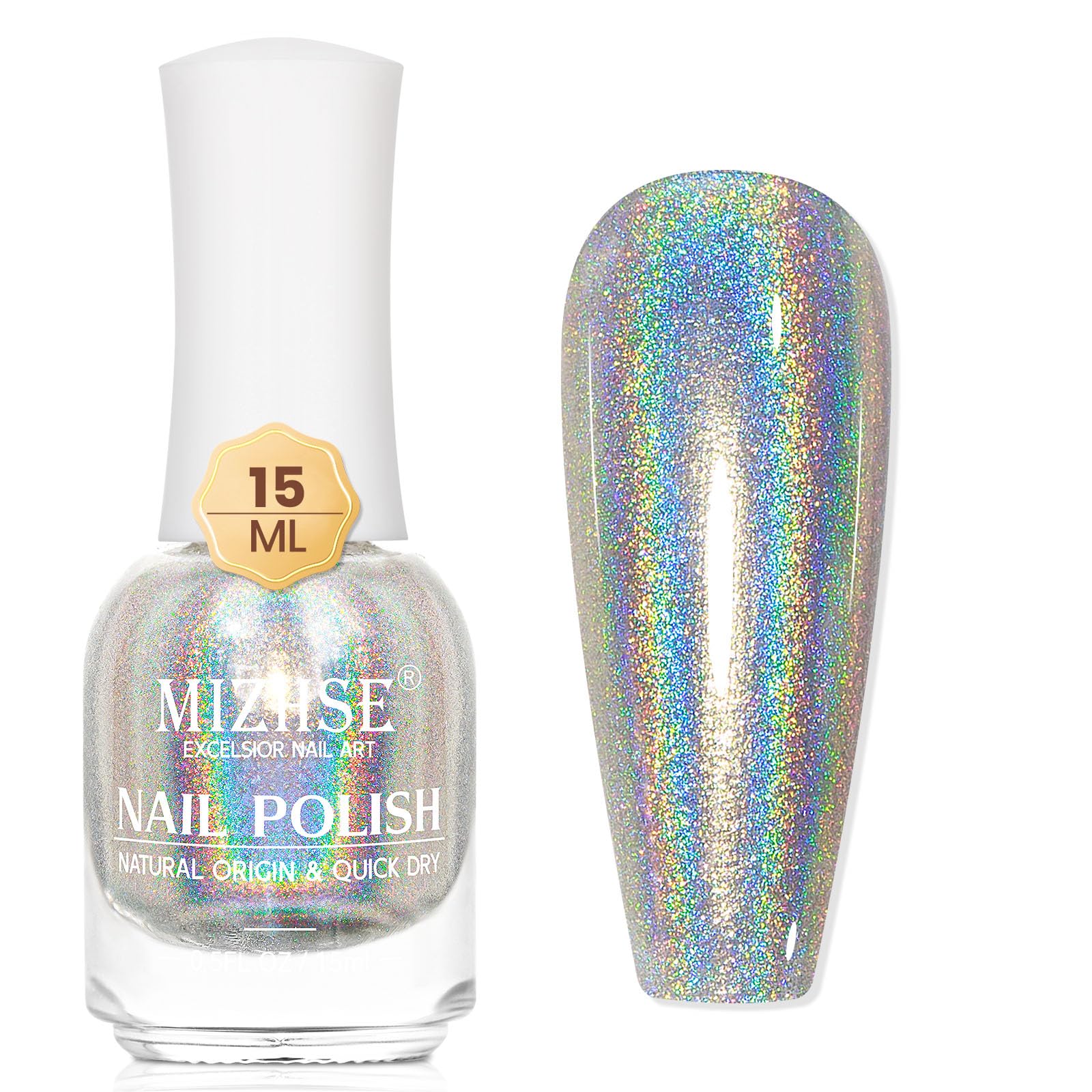MIZHSE Holographic Nail Polish, Silver Glitter Nail Polish Air Dry Fast, 15 ml 0.5 fl oz High Glossy Shiny Nail Pigment Oil-base