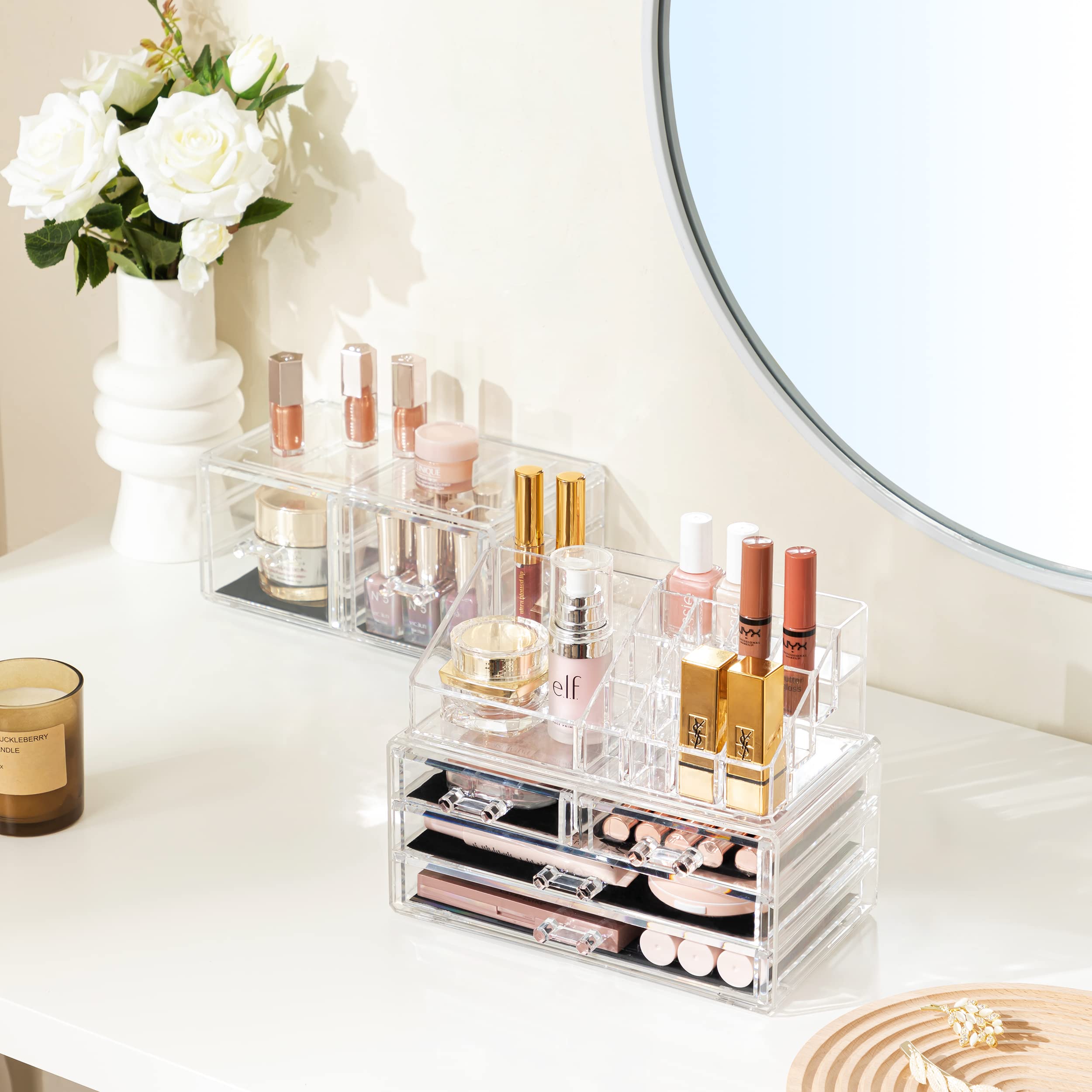 Hblife Acrylic Clear Dustproof Makeup Storage Organizer Drawers Large Skin Care Cosmetic Display Cases For Bathroom Stackable St