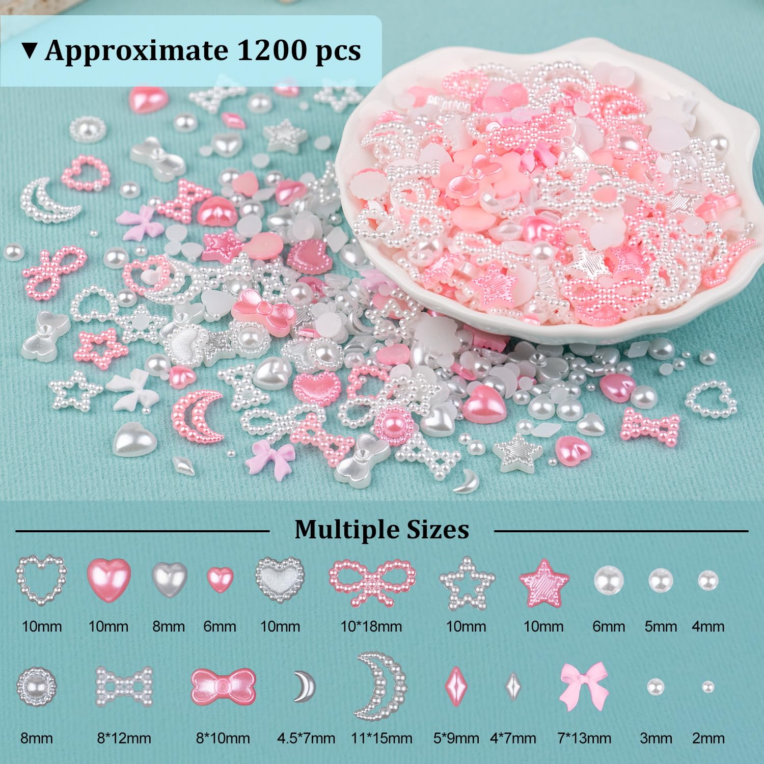 1200Pcs 3D Multi Shapes Nail Charms and Flatback Pearls, White&Pink Mix Styles Heart Star Bow Sunflower Embellishments for Nail