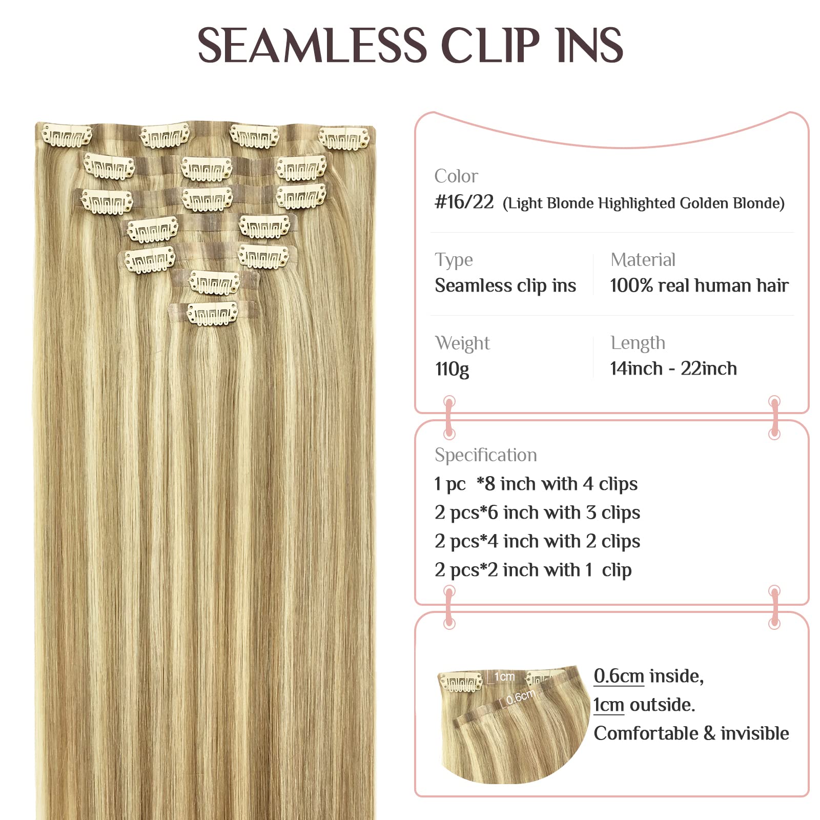Clip In Hair Extensions Real Human Hair, 7Pcs 110G Light Blonde Highlighted Golden Blonde 20 Inch, Maxita Seamless Hair Extensio