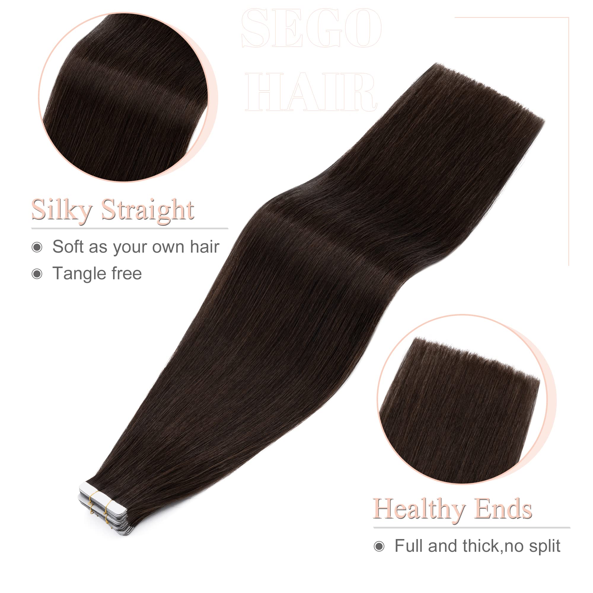 Sego Tape In Hair Extensions Human Hair 20 Inch Natural Black 40Pcs 100G Straight Natural 100% Remy Rooted Seamless Skin Weft In