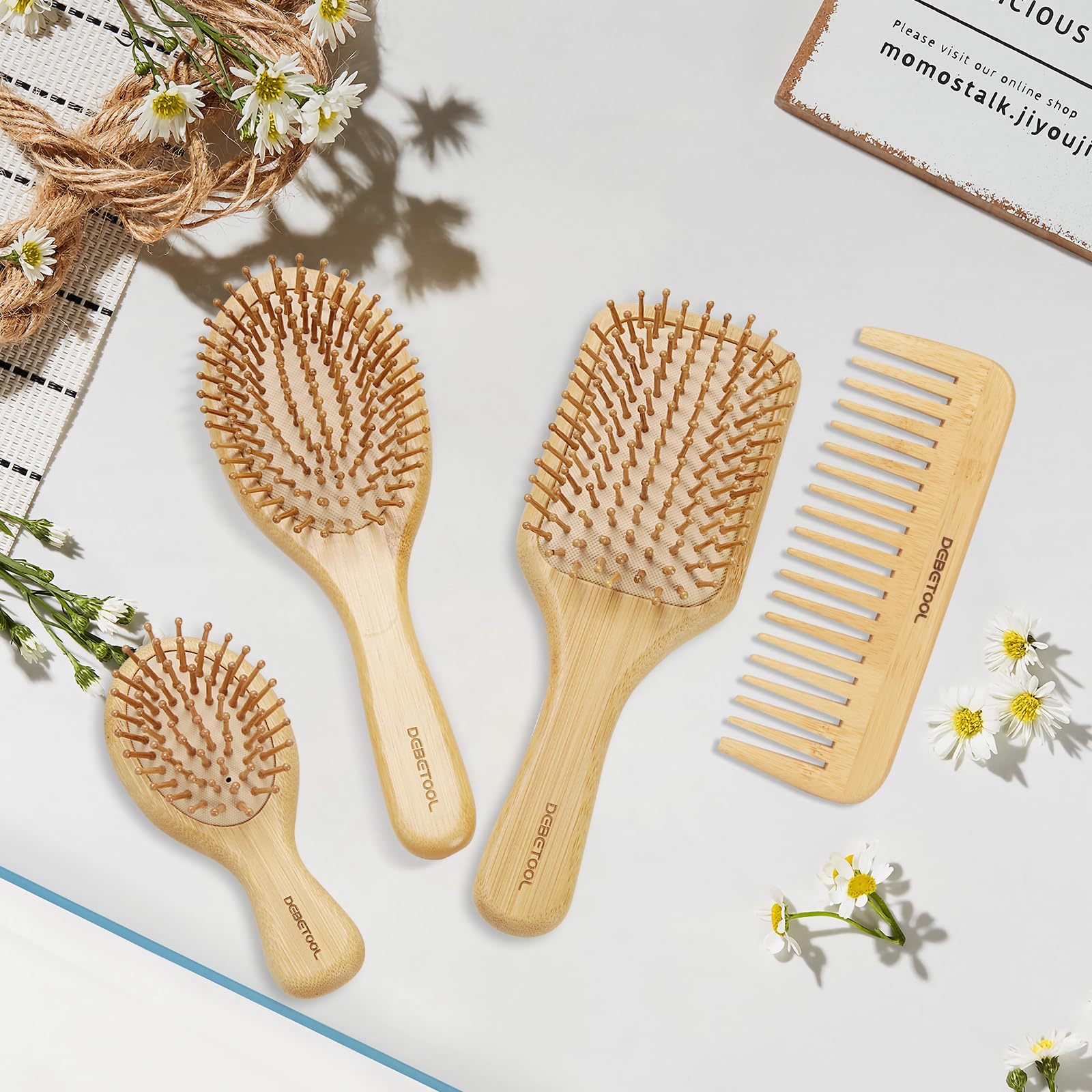 DEBETOOL Bamboo Hair Brush Set, Natural Wooden Bamboo Comb Paddle Detangling Hairbrush for Hair Growth - Wide-tooth and Tail Com