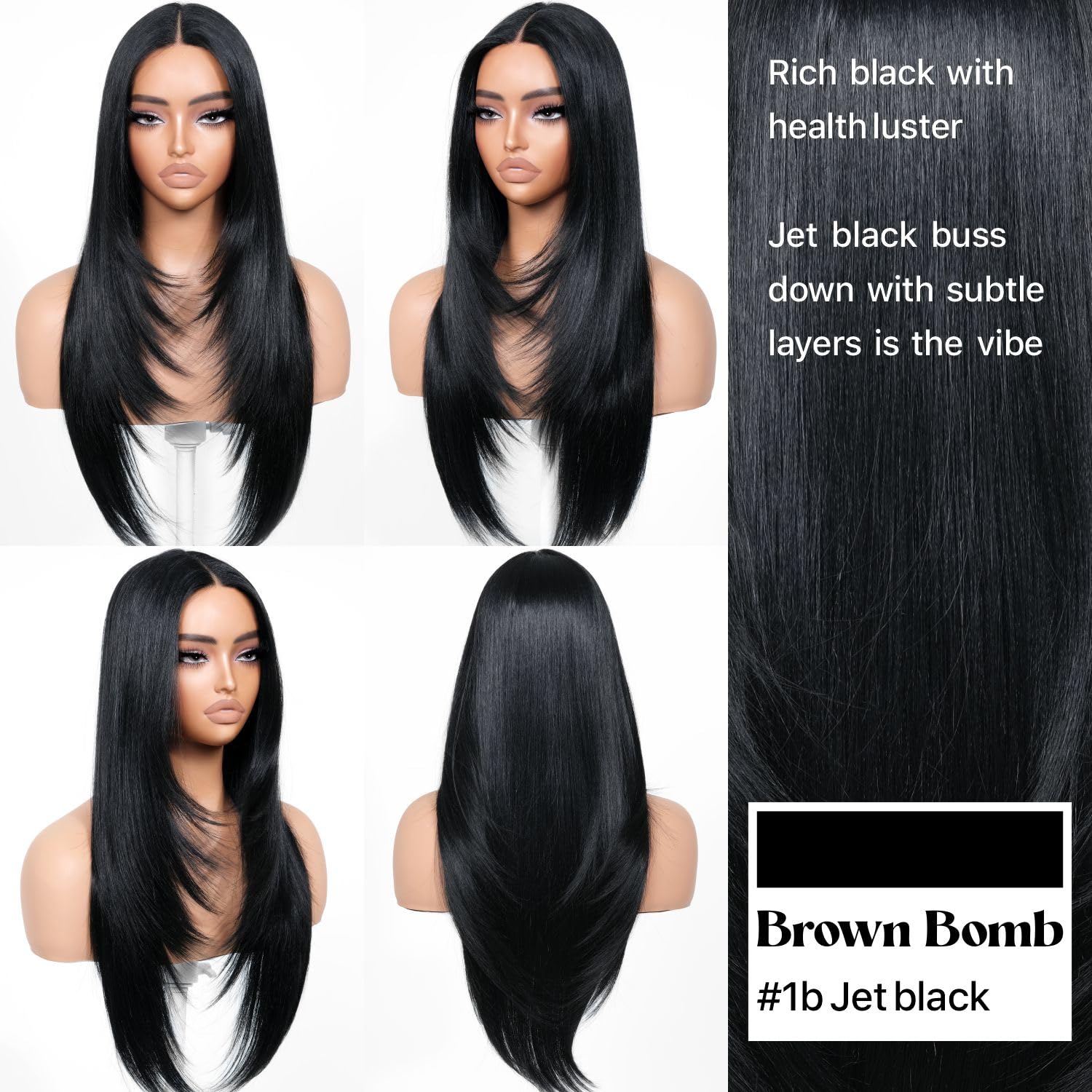 BrownBomb Black Wear and Go Glueless Wigs Pre Plucked Pre Cut for Beginners Long Layered Straight Synthetic Lace Front Wigs with