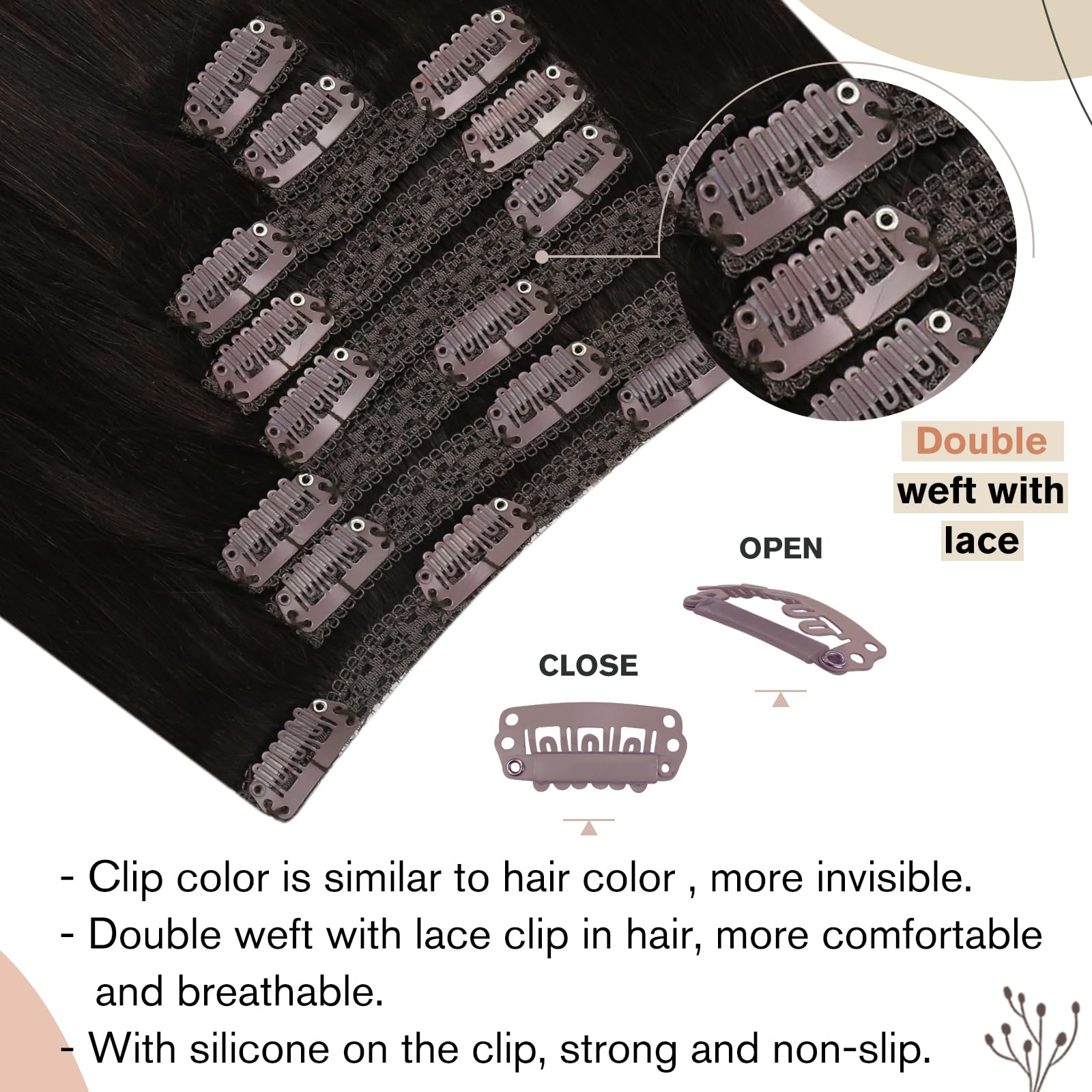 Ugeat 16 Inch Clip In Extensions Human Hair #2 Darkest Brown Clip In Hair Extensions Real Human Hair Double Weft With Lace Clip