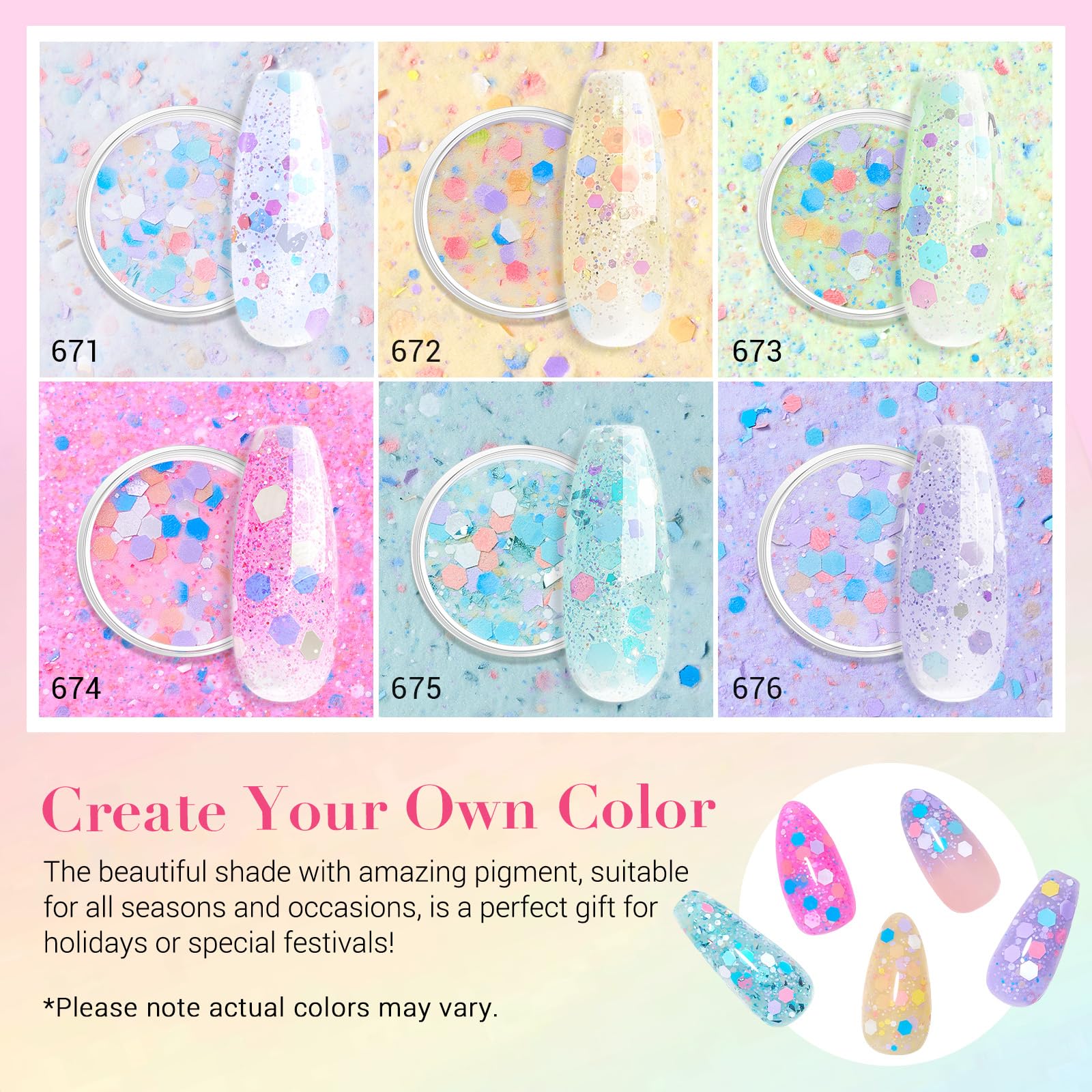 Azurebeauty Dip Powder Nail Set, 6 Colors Pink Purple Green Glitter Cheese Colors Natural Dipping Powder Starter Spring Kit, Fre