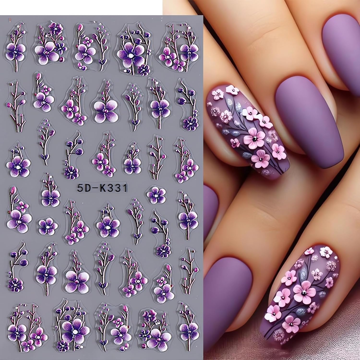 Flower Nail Art Stickers Decals 5D Embossed Flowers Nail Decals 3Pcs Purple&Pink Floral Valentines Day Rose Love Heart 3D Self-A