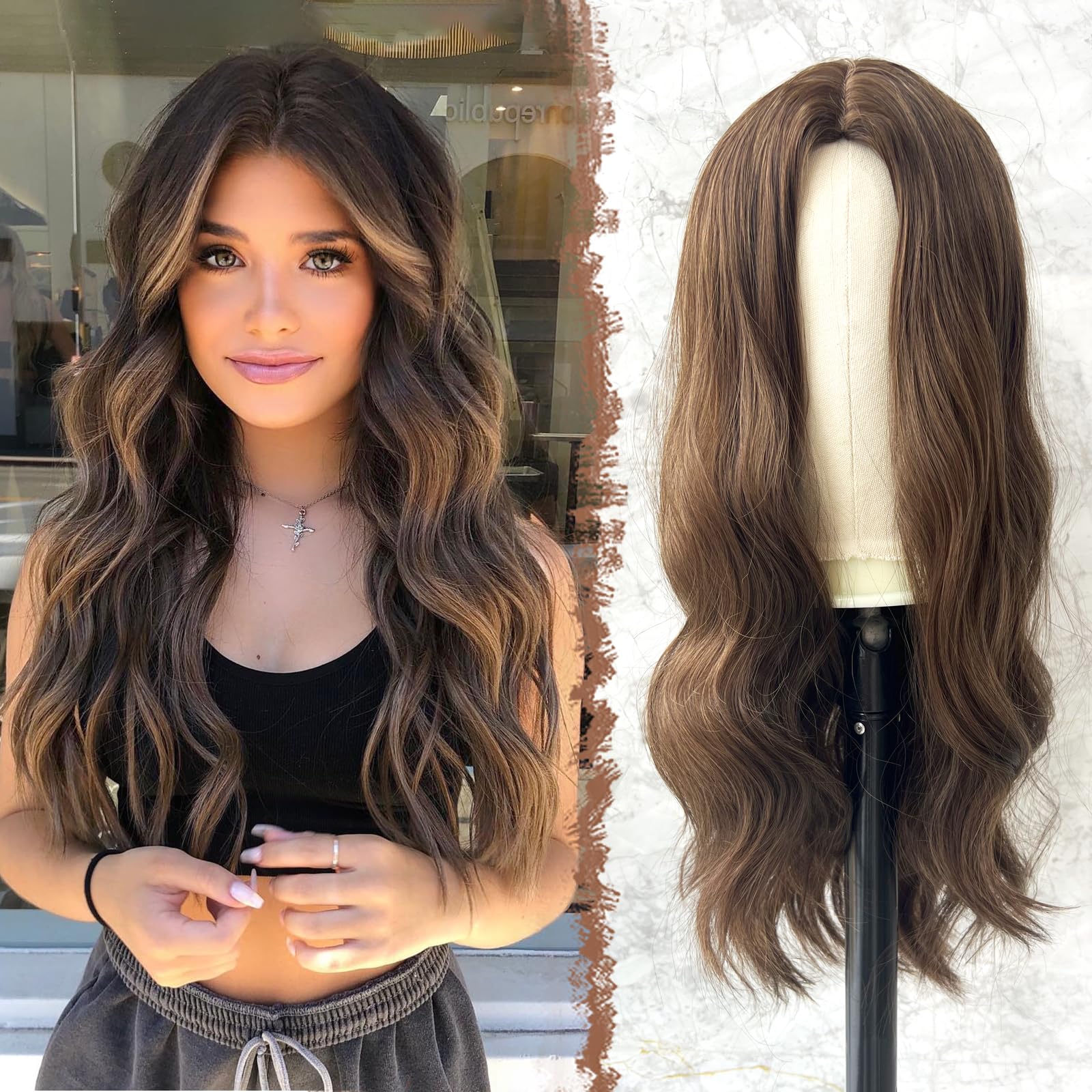 Feshfen Long Brown Wigs For Women 22 Inch Brown Long Wavy Full Wig Middle Parting Wigs Natural Looking Synthetic Wig For Daily P