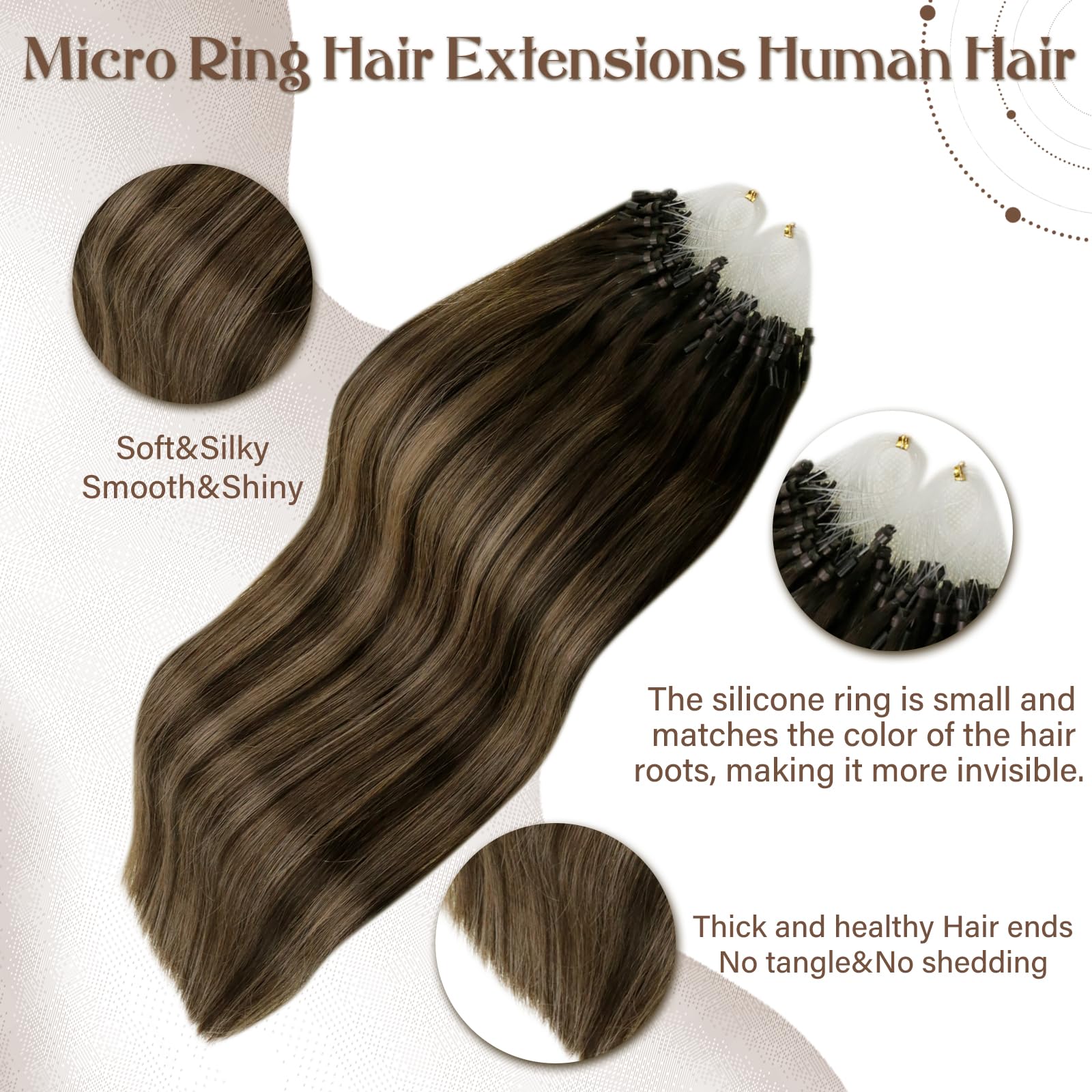 Hetto Microlink Hair Extensions Real Human Hair Balayage Microbead Hair Extensions Human Hair Darkest Brown to Ash Brown 16 Inch