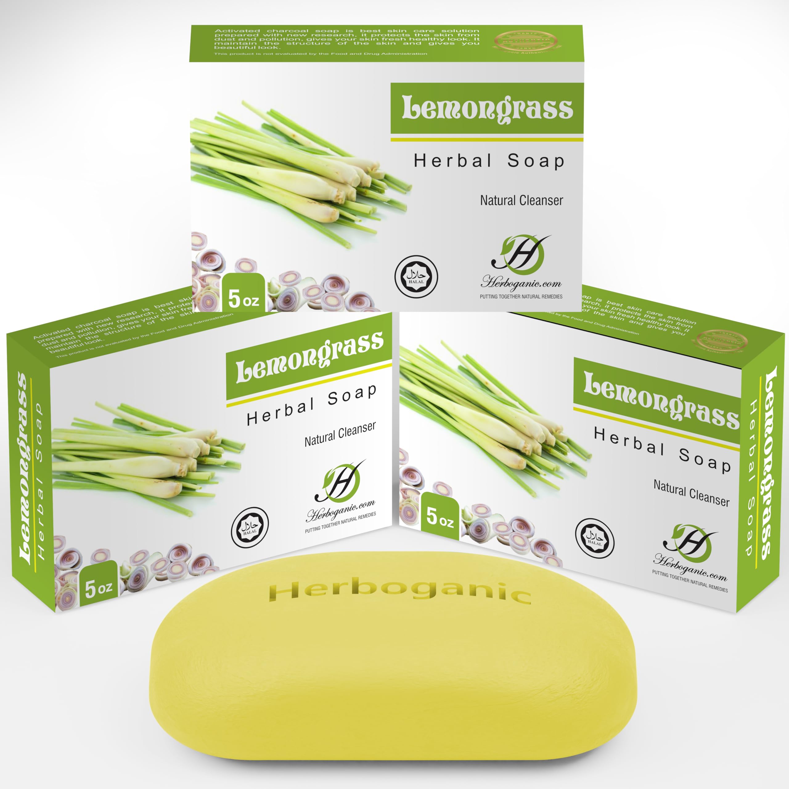 HERBOGANIC Lemongrass Herbal Soap | Pack of 3 of 5oz soap Bar | Natural Bar Soap for Face and Body | Hydrating and Nourishing | 