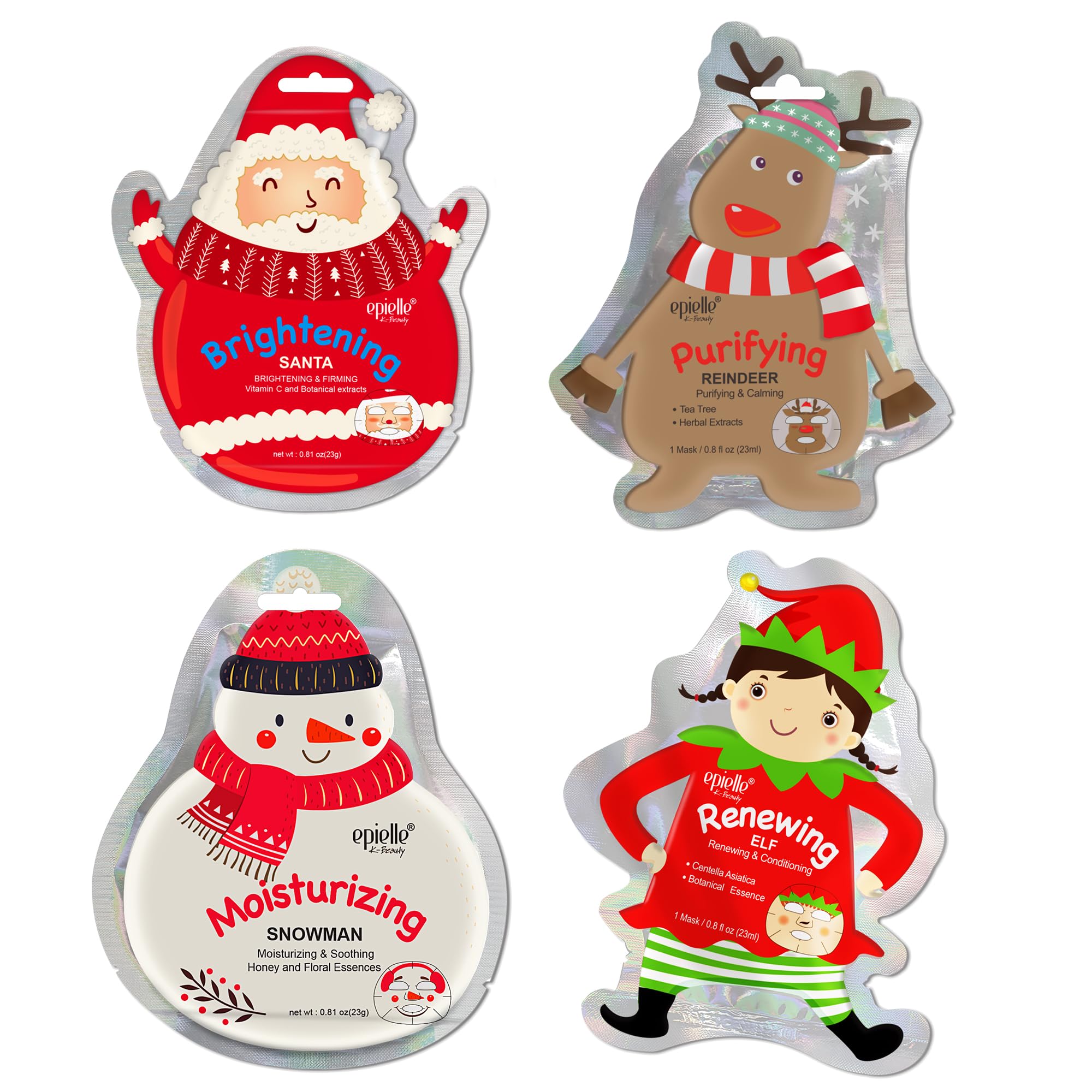 Epielle Holiday Character Sheet Masks (Assorted 4 Masks) - Includes 1-Santa, 1-Reindeer, 1-Snowman, 1-Elf