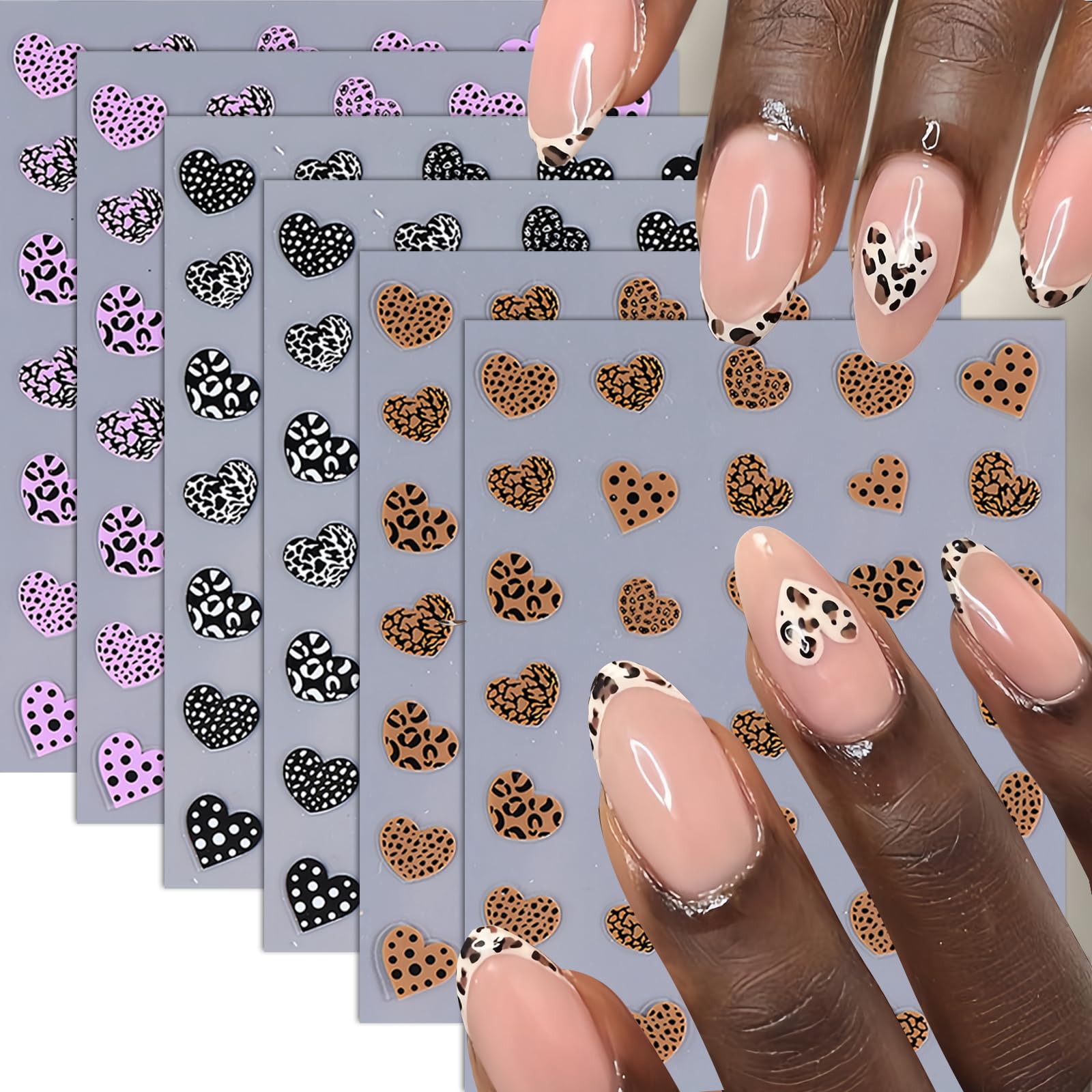 6 Sheets Heart Nail Art Stickers 3D Self Adhesive Leopard Print Design Valentine's Day Nail Supplies Brown Purple Black Love Hea