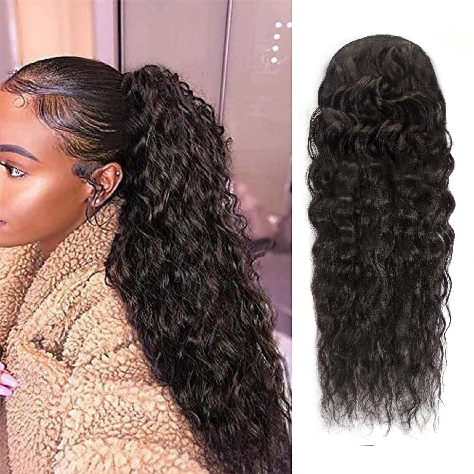 Human Hair Ponytail Extensions Straight/Curly/Kinky Straight, Color 1B, Ombre 1B/30, Drawstring/Wrap Around Ponytails (24 Inch (