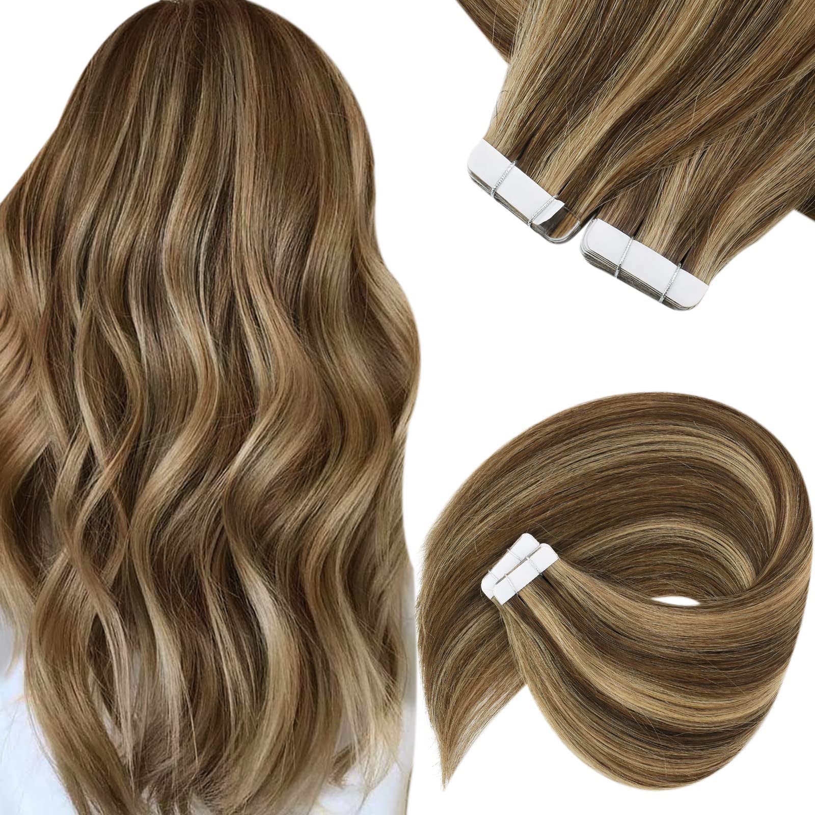 Sunny Tape In Human Hair Extensions Brown Highlighted Tape In Hair Extensions Dark Brown Highlights Caramel Blonde Hair Extensio