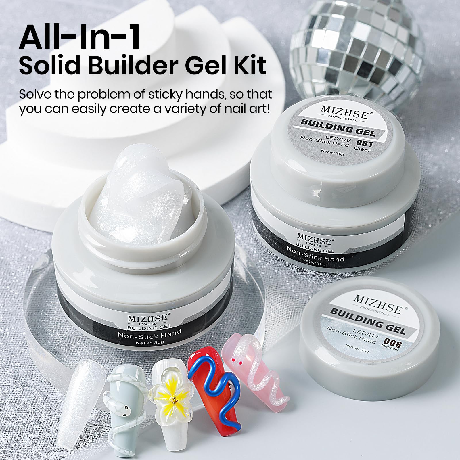 Mizhse Solid Builder Gel For Nails Kit: 2Pcs 30G Pearl White & Clear Hard Gel For Nails 3D Nail Gel With Nail Forms 3D Silicone