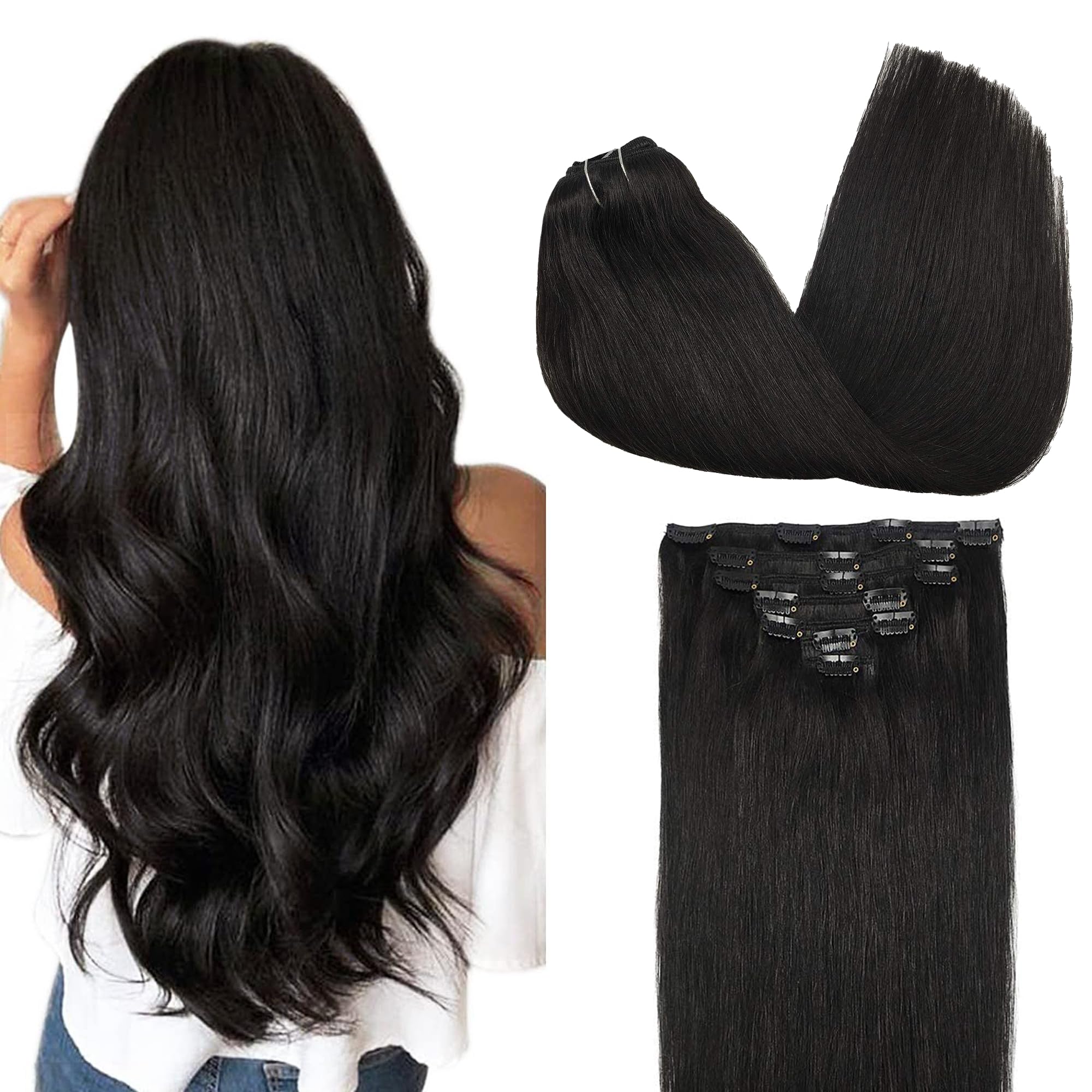 GOO GOO Clip in Hair Extensions Real Human Hair, 14inch 120g 7Pcs, 1B Natural black, Remy Human Hair Extensions Clip ins for Wom