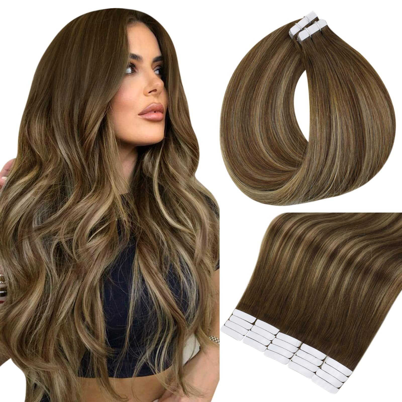 Full Shine Tape In Hair Extensions Human Hair 16 Inch 20 Pcs Glue In Hair Extensions Tape In Color 4 Medium Brown Fading To 24 B