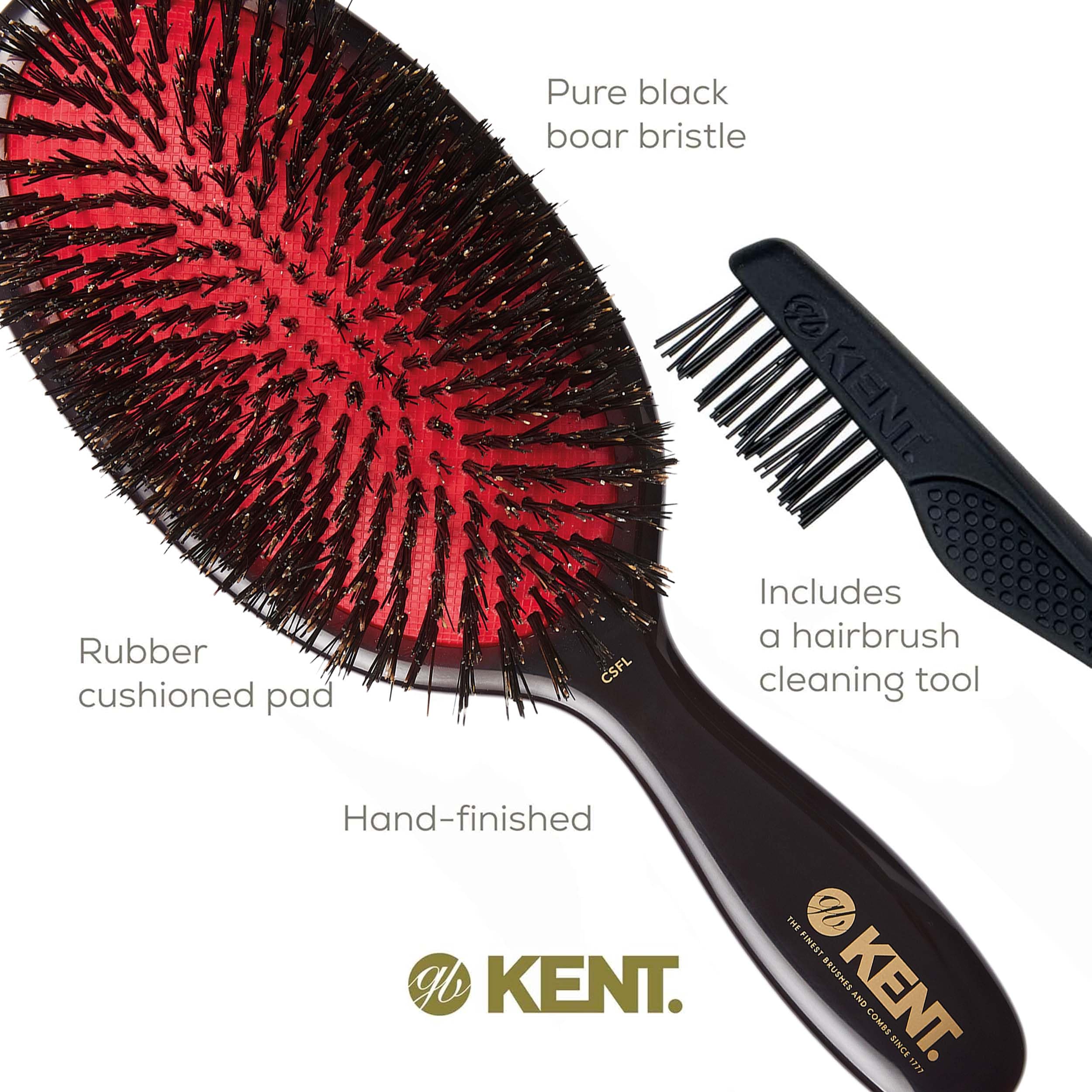 Kent CSFL Classic Shine Large Oval Cushion Straightening Brush and Hair Detangler - Natural Black Boar Bristle Hair Brush - Shin