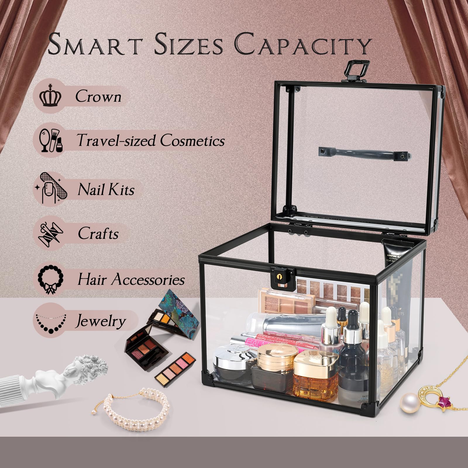 Costravio Clear Makeup Case Crown Box Toiletry Organizer Case Transparent Train Case with Latches Travel Artists Display Case fo