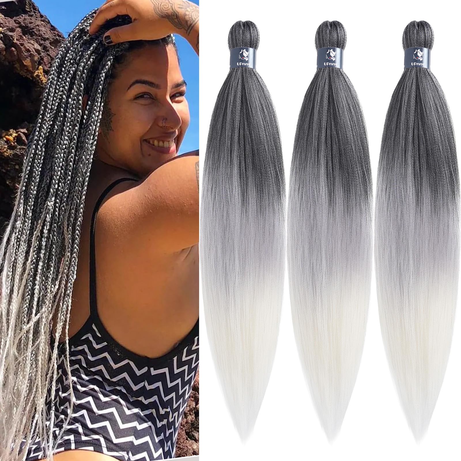 UPruyo Ombre Braiding Hair Pre Stretched 1B Grey White Kanekalon Braiding Hair Extensions for Braiding Box Braids Knotless Prest