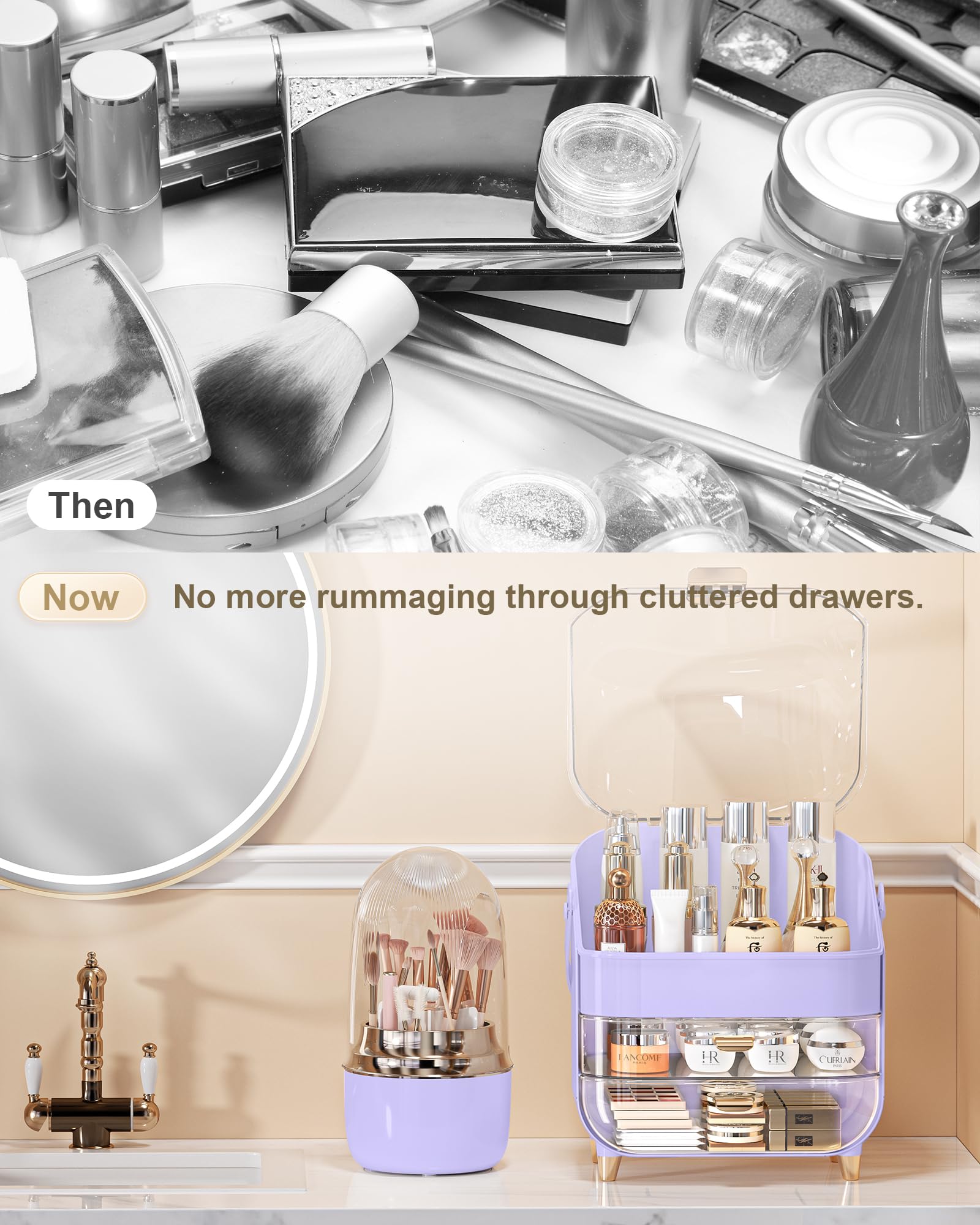 Anylady Makeup Brush Holder 360 Rotating, [Upgrade & with Cover] Makeup Brush Organizer for Vanity Countertop Bathroom (Purple)