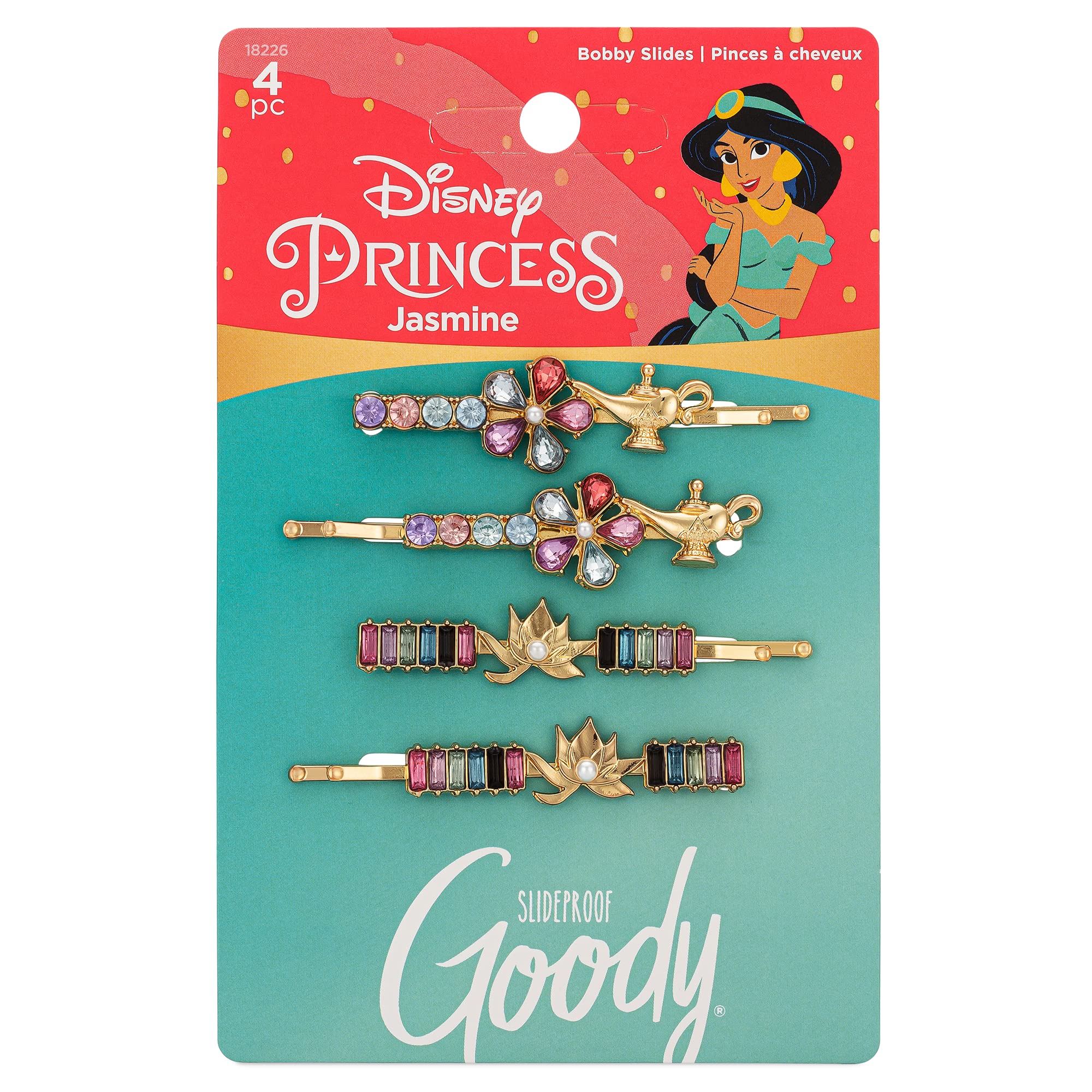 GOODY Bobby Pins - 4 Count, Disney Princess, Jasmine - Slideproof Rhinestone Bobbies - Hair Accessories for Men, Women, Boys & G