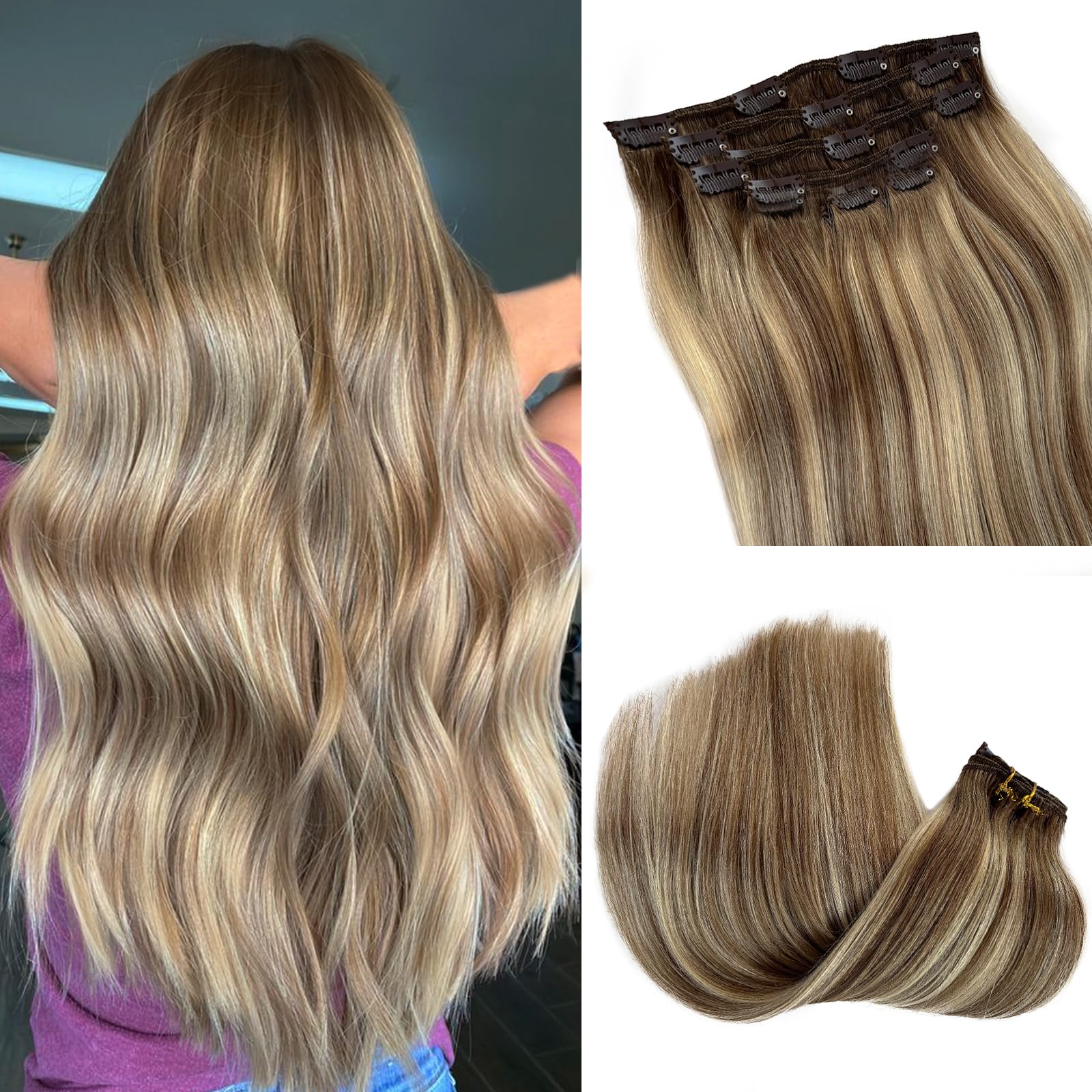 Licoville Clip In Hair Extensions Human Hair, 8T8/613 Balayage Ash Brown To Bleach Blonde Real Human Hair Extension Clip Ins 20