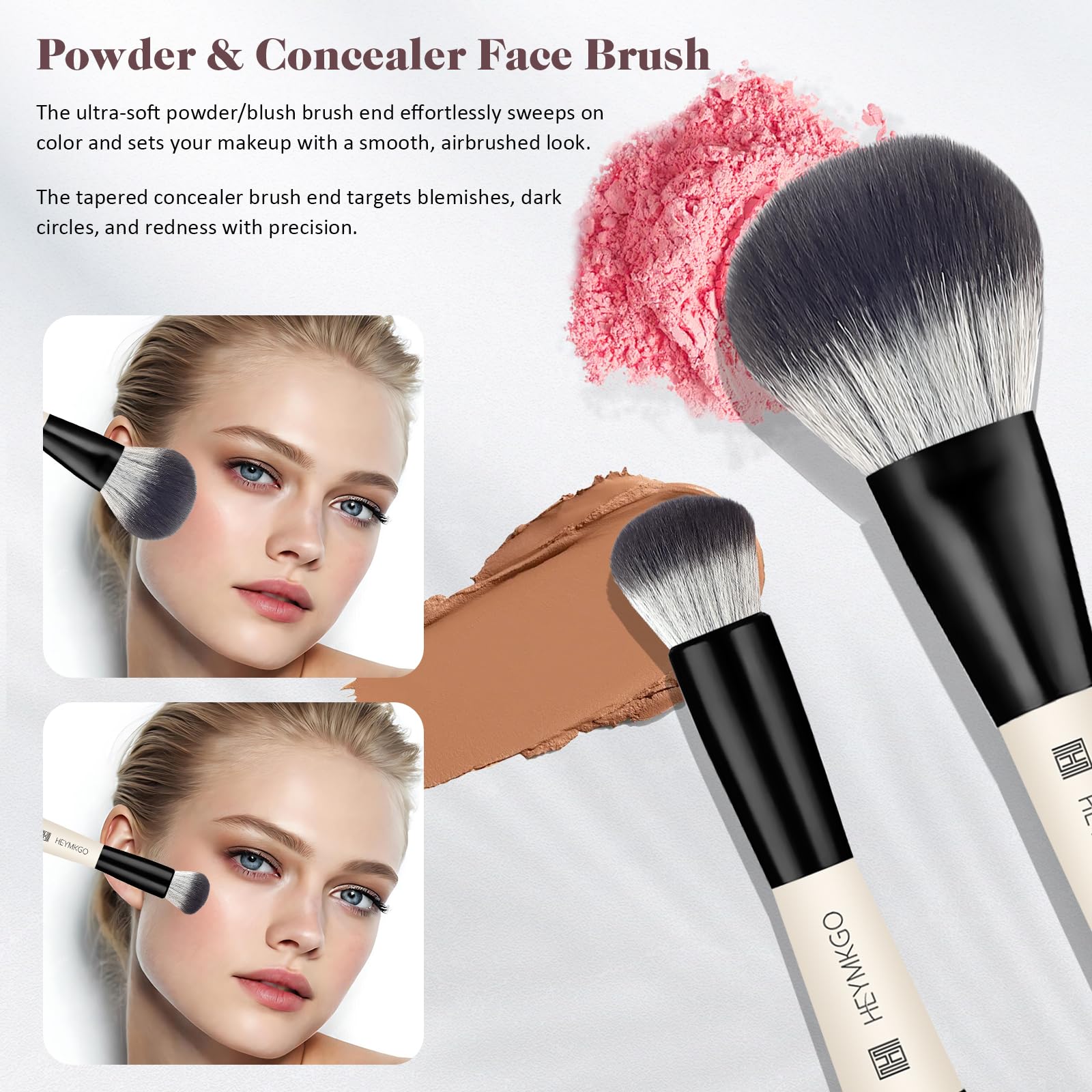 HEYMKGO Makeup Brushes Set, 4Pcs Professional Dual-ended Foundation Contour Power Face Eyeshadow Brush set for Liquid,Cream, Pow