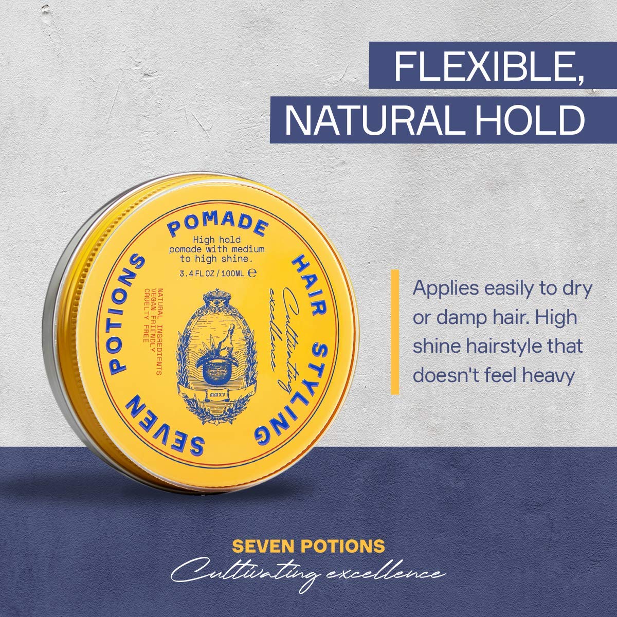 Seven Potions Hair Styling Pomade For Men 3.4 Fl Oz - High Shine - High Hold Hair Wax - Water Based - Natural, Vegan, Cruelty Fr