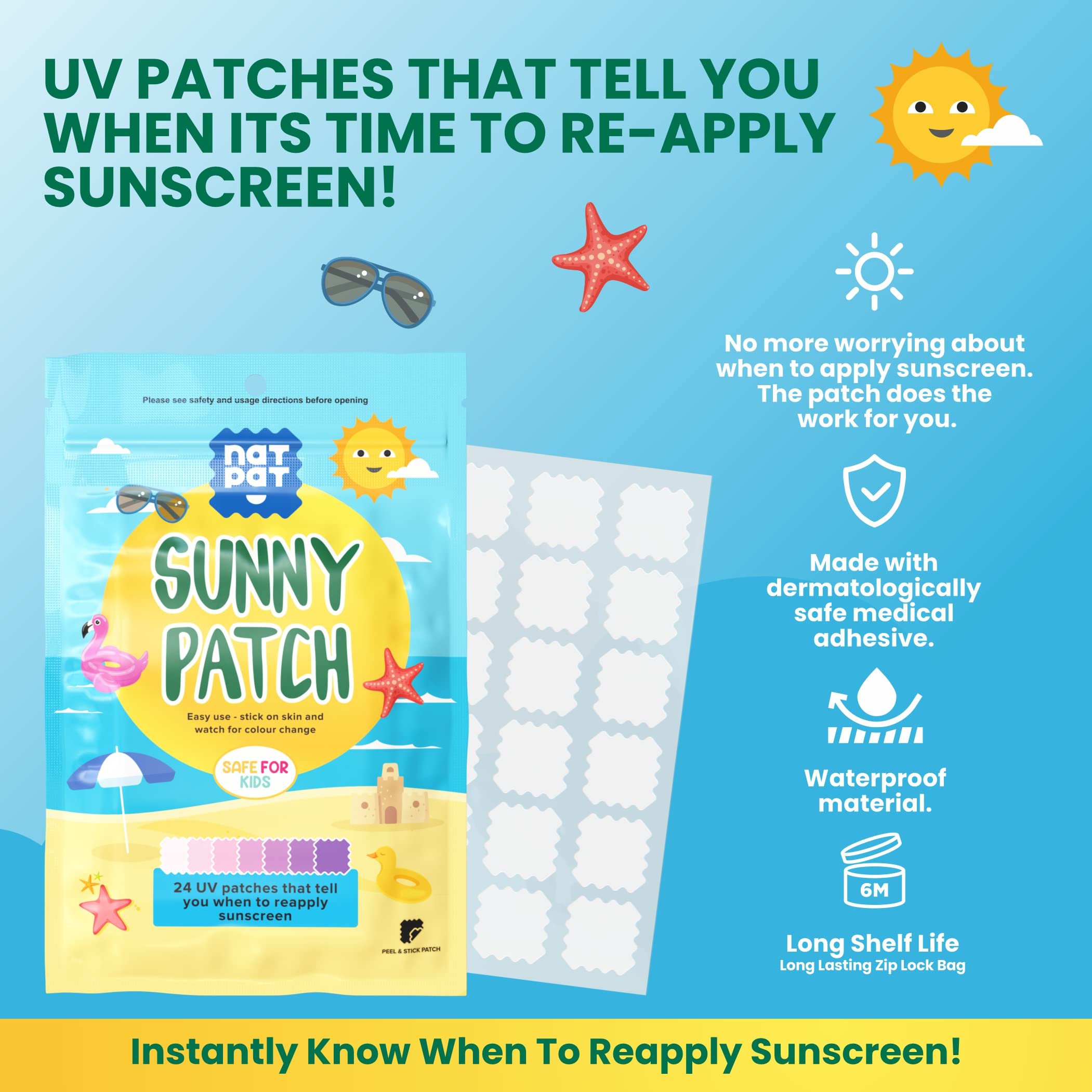 Natpat Sunny Patch Uv Detection Stickers Sunburn Prevention For Kids And Adults - Natural Waterproof Patches, Changes Color When