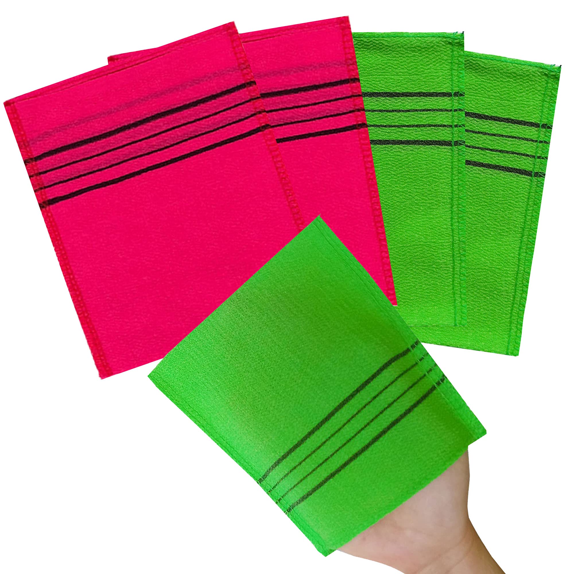 Nopigo Korean Exfoliating Body Scrubber For Shower 4P(Green2+Red2), Asian Exfoliating Bath Washcloth For Dead Skin, Bath Sponge
