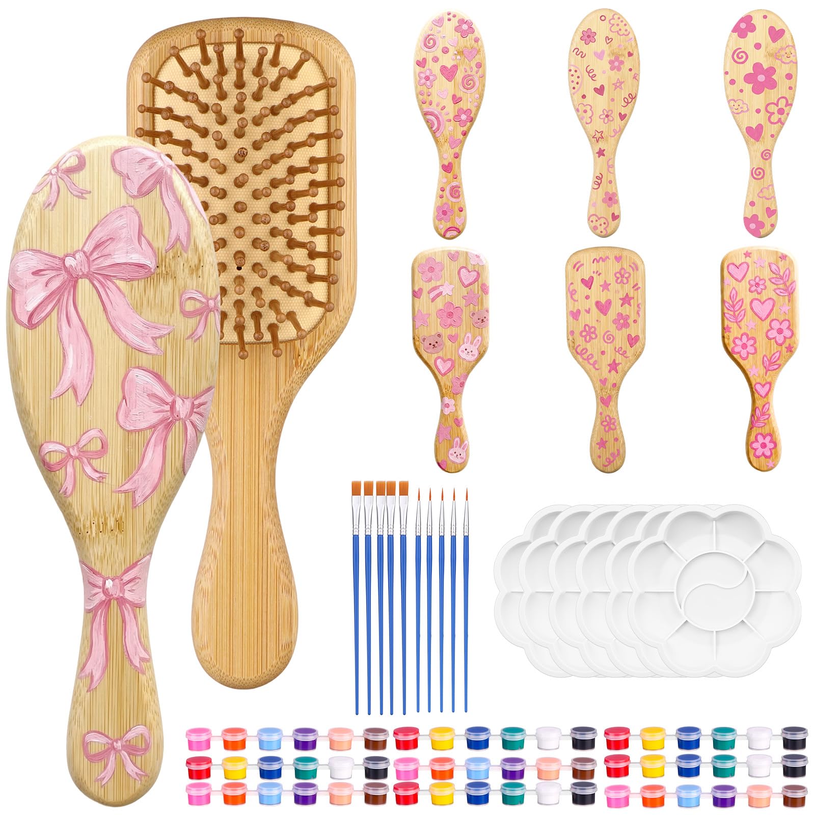 6 Sets DIY Bamboo Hair Brush Painting Kits Make Your Own Hair Brush with Paint Brushes Palettes Kits Wooden Massaging Scalp Brus