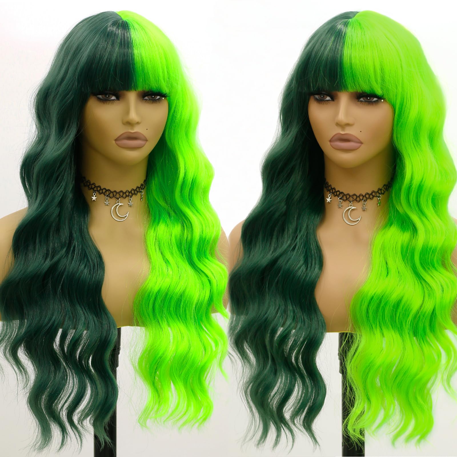 EVLYNN Green Body Wavy Wigs with Air Bangs Half and Half Green Wig Cap for Women Long Curly Heat Resistant Synthetic Green Wig f