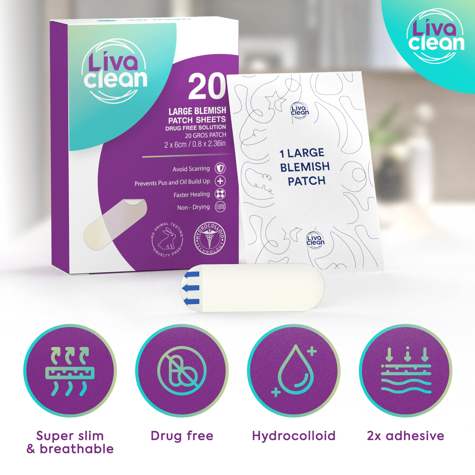 20 Ct Livaclean Large Hydrocolloid Patches - For Pore Spots Nose Face Cystic Pimple Zit Patch - Big Pimple Patches Hydrocolloid