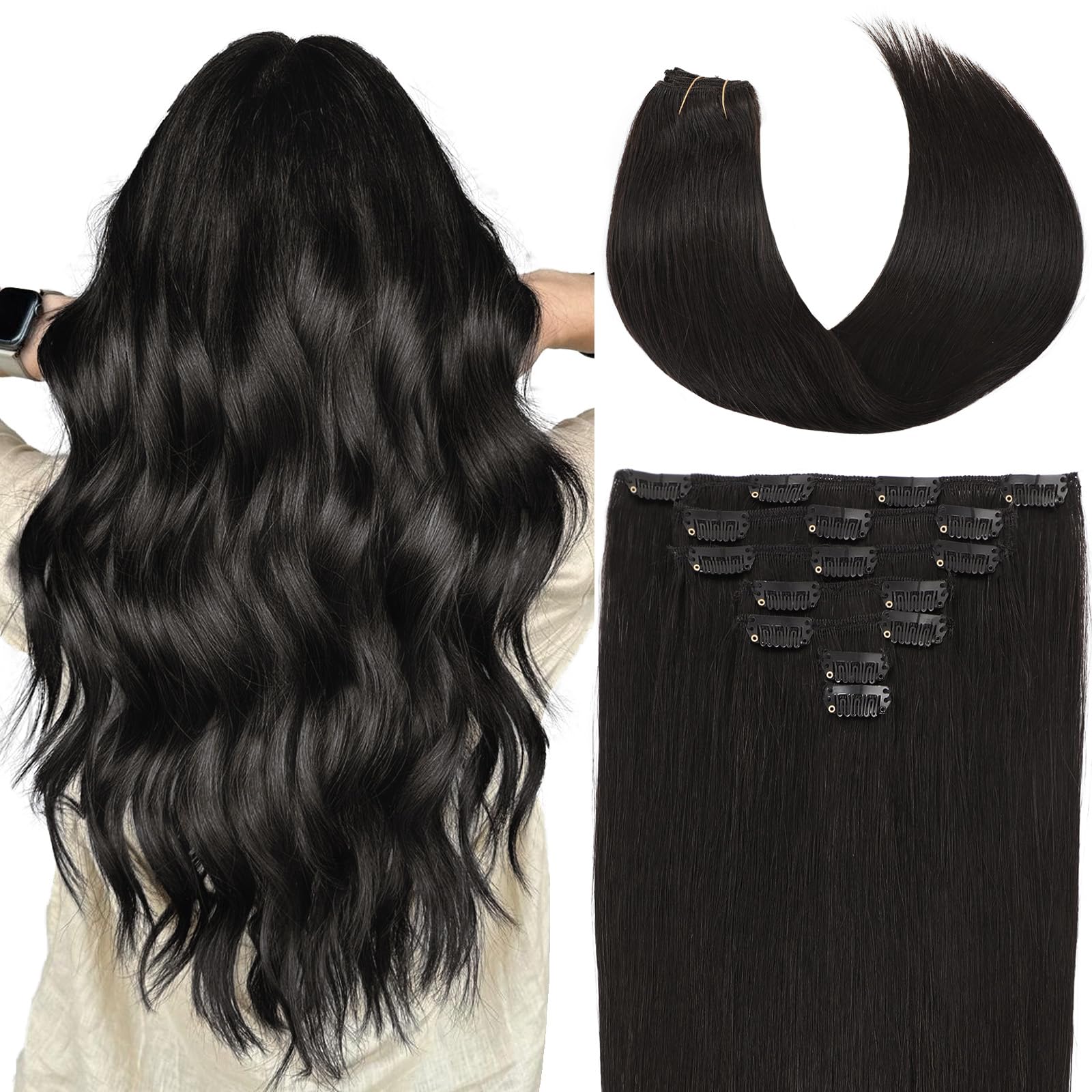 Befana Clip in Hair Extensions Real Human Hair,18 inch 7 Pcs 80g #1B Natural Black Clip in Hair Extensions,Double Weft Straight 