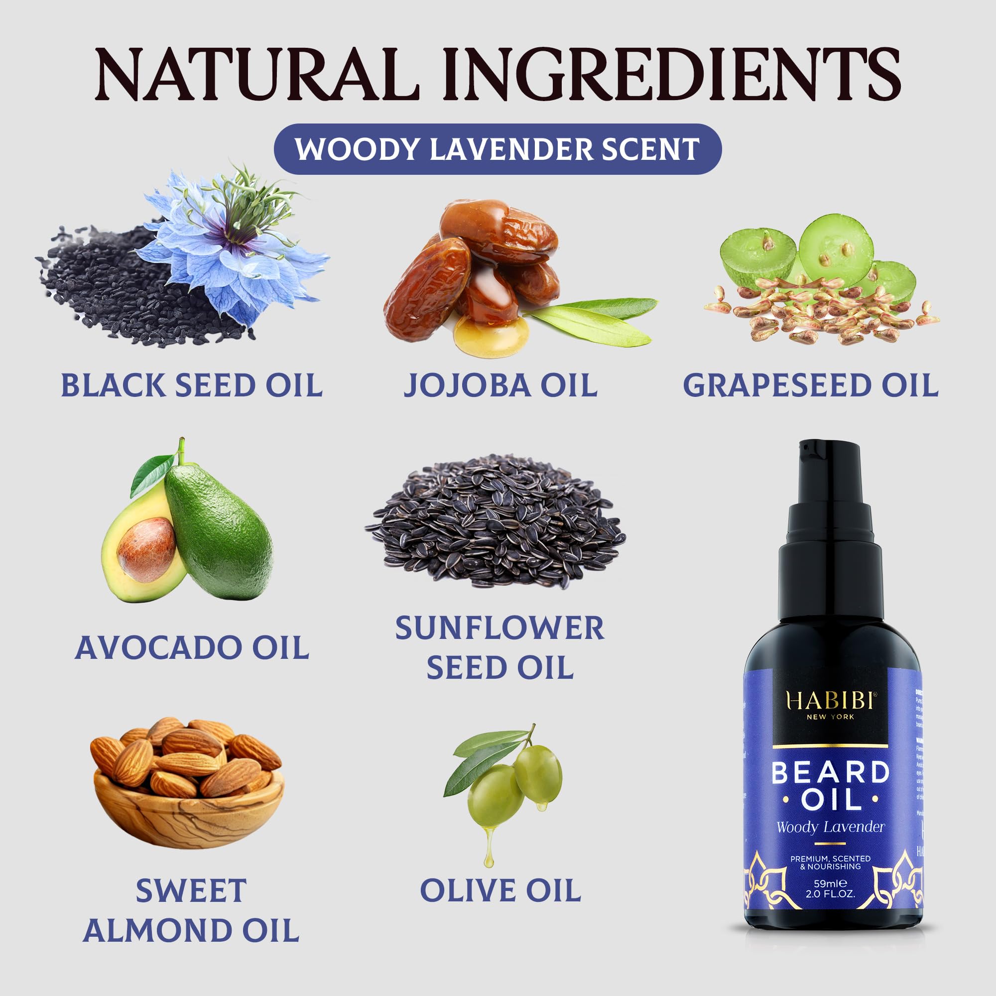 H Habibi Woody Lavender Beard Oil 2.0 Fl. Oz - Nourishing Blend, Scented Beard Oil For Men, Beard Growth Oil. Made In Usa.